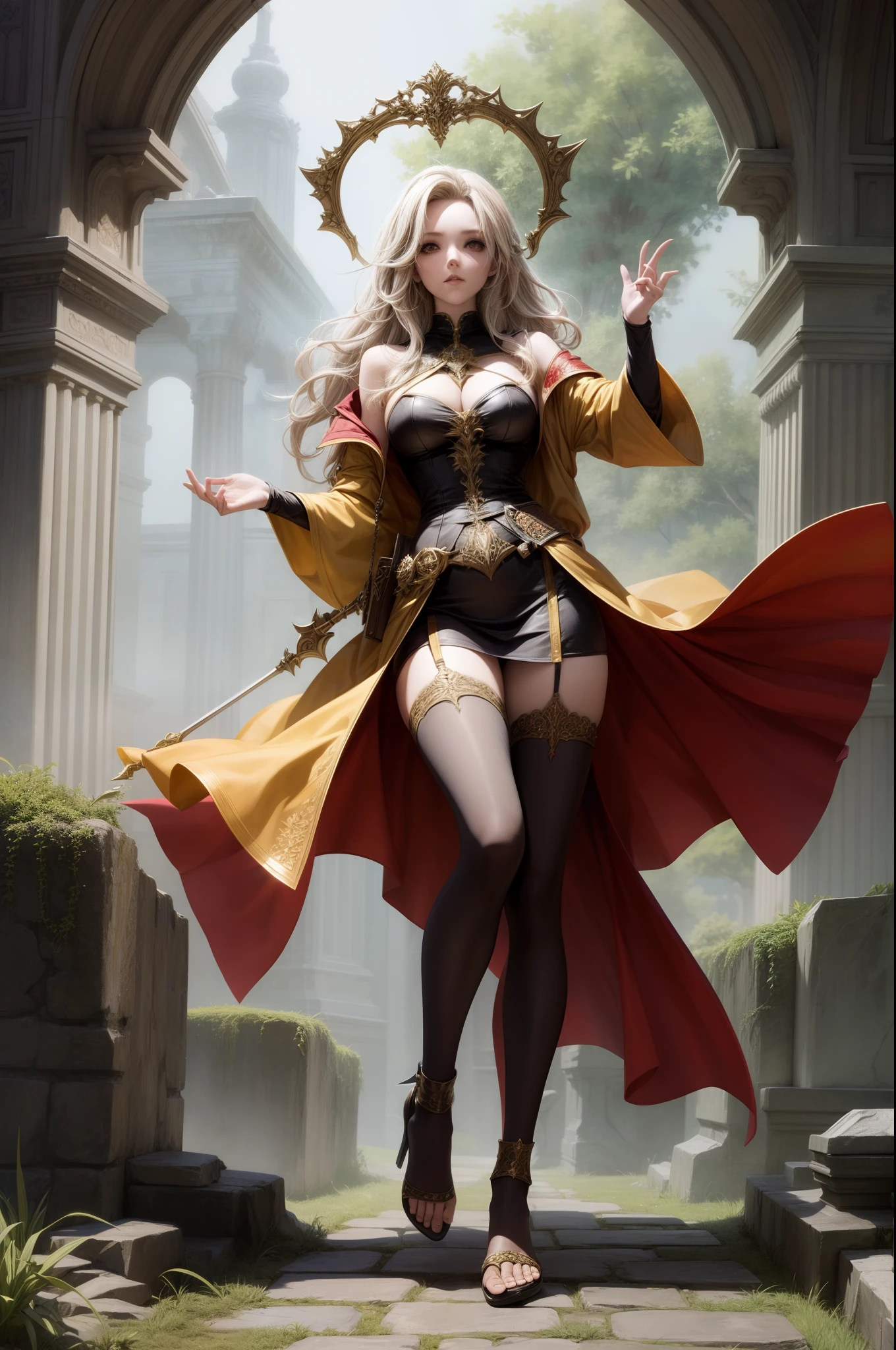 full body shot, 1girl, fantasy sorceress, mage robe, leg slit, blonde, legs, mossy stone walls in background,