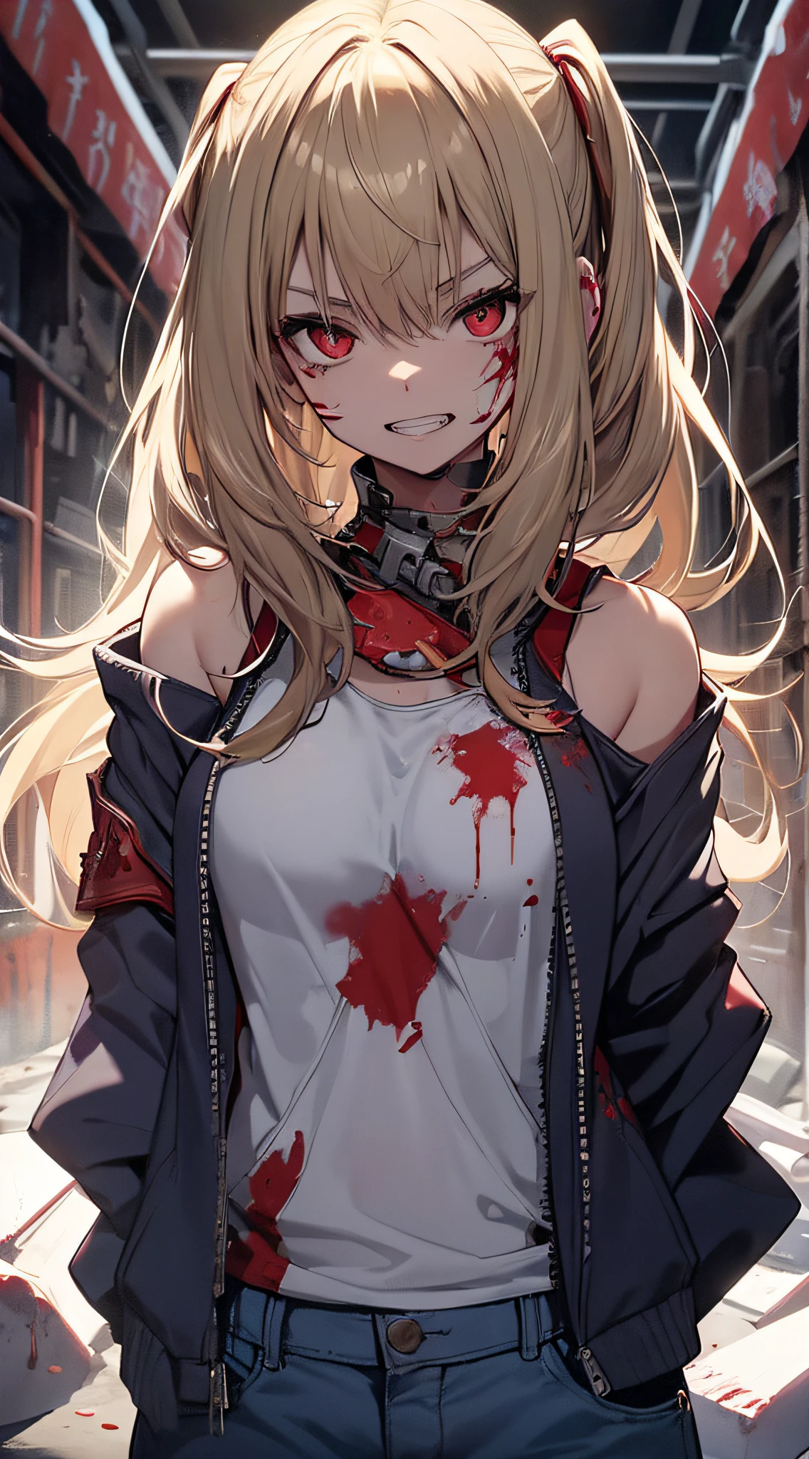top-quality、Top image quality、​masterpiece、girl with((18year old、Black tank top、Blue jacket、White pants、Best Bust、Bust 85、a blond、poneyTail、Red Eyes、open chest wide、Happiness、Return blood、Blood from the mouth、facepaint、Vampire Teeth)）hiquality、visualart、Background with((World of War))、