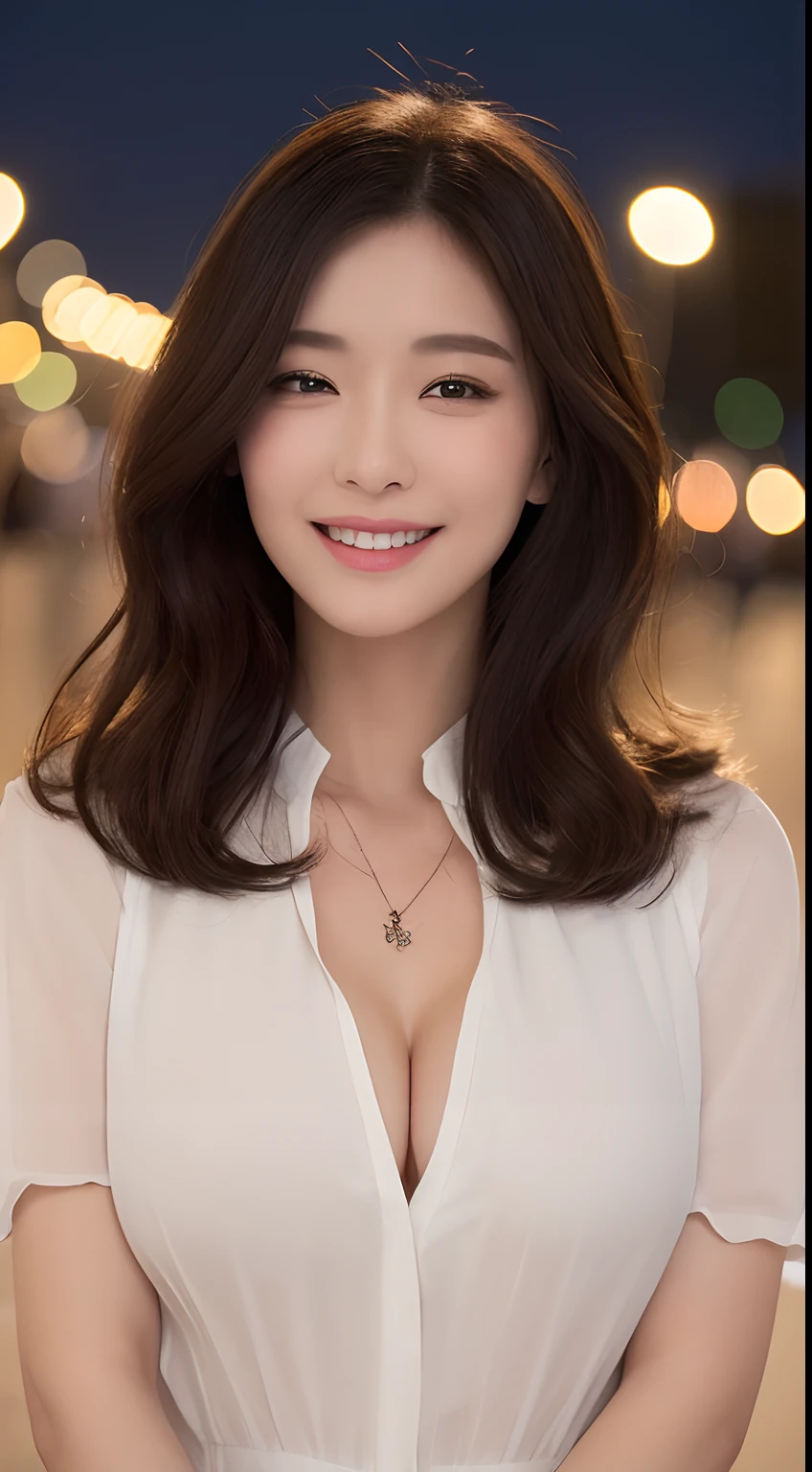 (top-quality、8k、masterpiece:1.3)、Beautiful Women in Perfect Figure:1.4、Downtown at night、Wearing a pendant、Wearing a white open-collar shirt that opens to the chest、extremely detailed face and skin、A detailed eye、二重まぶた、huge tit、a smile