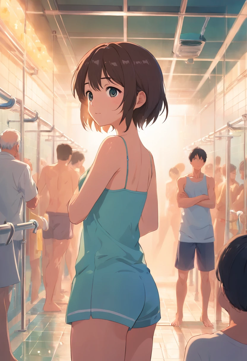 crowded gym shower with spraying showers and showering men in background. NSFW, a  chest, fully naked, flat chest, white long hair, she is only girl with many men surrounding, The men around looked at the girl, the men behind the girl were harassing the girl, there no any girl surround except protagonist