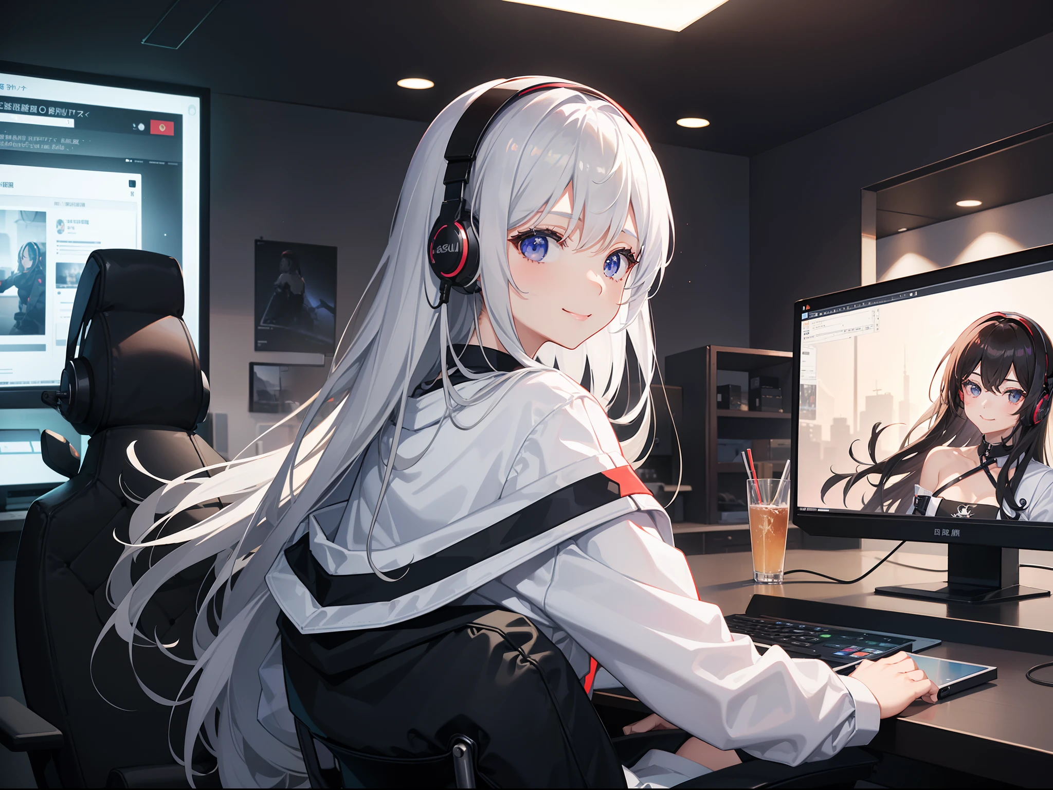 1girl in, （masutepiece）、Top image quality、8K、Pitch black room、Neon light、Gaming Chair, sitting on, Girl giving game commentary, headphones、 Look at the camera、((Large screen,), Woman operating desktop computer、(Shooting from behind), (Looking back,A smile), ((Upper body)), bokeh dof, 细致背景, ​masterpiece, top-quality,silber hair、20yr old、semi long hair、The upper part of the body