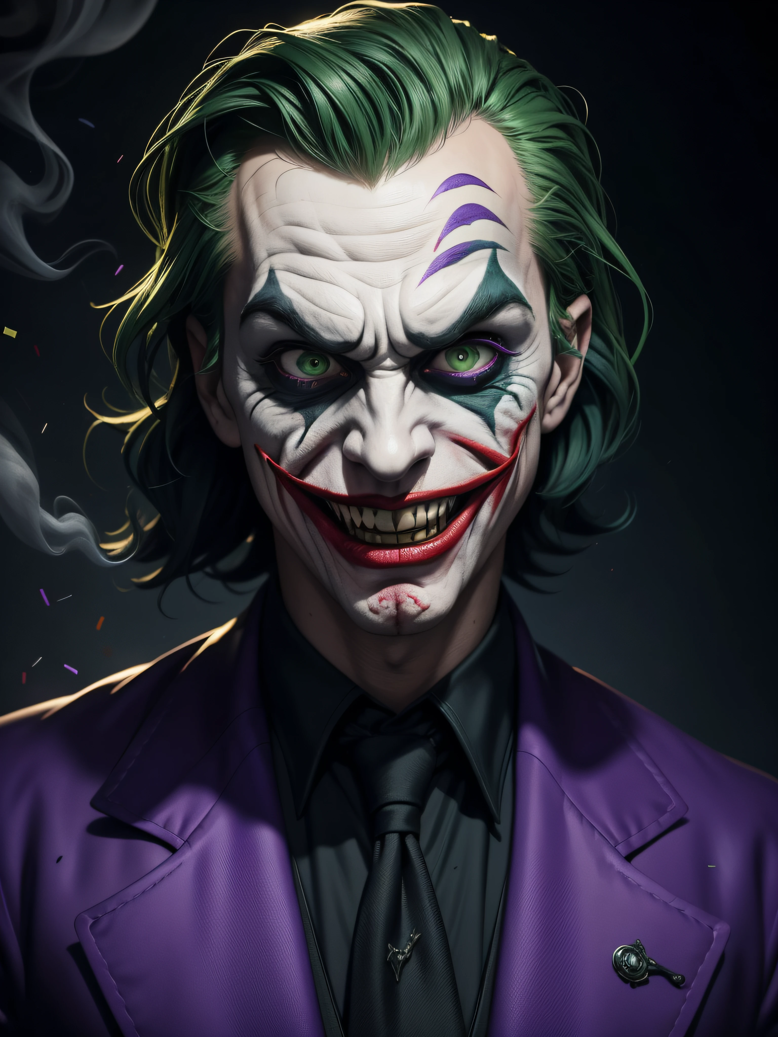 3d animation, joker, realistic, highest, (best quality, 4k, 8k, masterpiece:1.2), detailed face and expressions, haunting eyes and wicked smile, colorful and vibrant scene, studio lighting, dark and moody atmosphere, bold and exaggerated movements, chaotic and unpredictable actions, dramatic camera angles, confetti and smoke effects, crazy laughter and maniacal voice, twisted and distorted features, quintessential joker essence, captivating and unsettling presence, horror fusion with comic book aesthetics, highly detailed costume and makeup, brilliant purple and green color palette, playful yet sinister tone, impeccable rendering and texturing, striking visual impact, authentic portrayal of the iconic character.