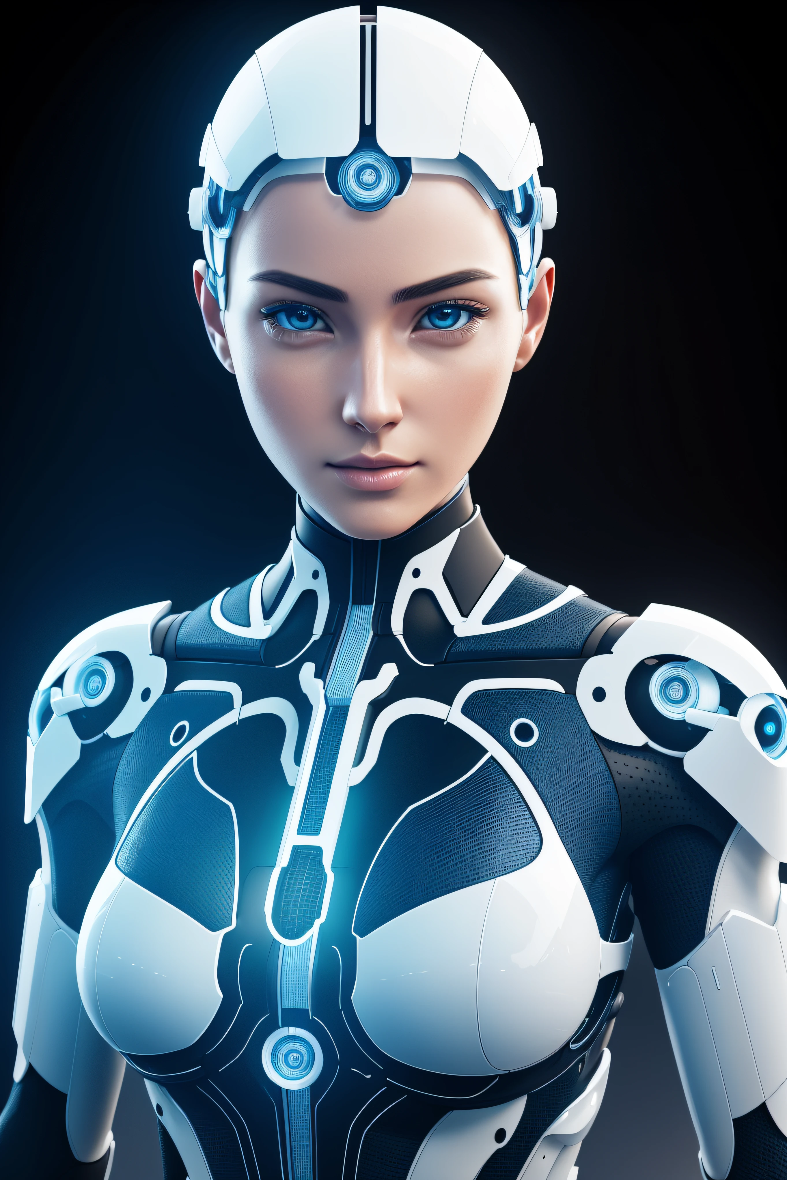 Produce a highly detailed and ultra-realistic 3D character rendering showcasing a female android with a body constructed from interconnected plates, resembling a complex system of gears and components. The color palette should predominantly feature white, blue, and black. Utilize advanced RTX graphics with ray tracing for lifelike lighting and shadows. Pay special attention to realistic textures, anatomic precision, and the physical accuracy of the android's design. This artwork should be a true masterpiece of digital art, exemplifying the fusion of technology and human form.