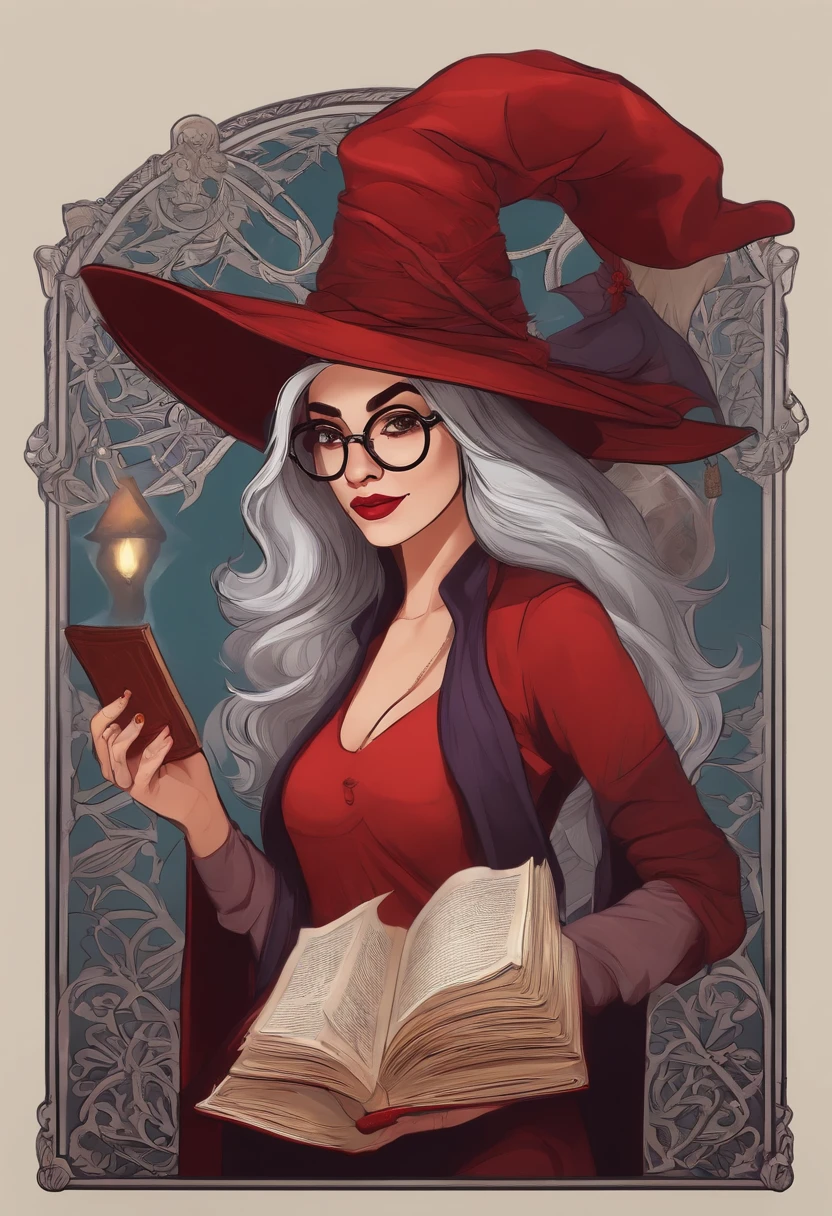 Woman in red hat and glasses holding a book,silver hair,she wears Harry Potter glasses, Maya Ali as D&D sorceress, holding spell book, dressed as witch, D&D magician, wearing a red wizard hat.