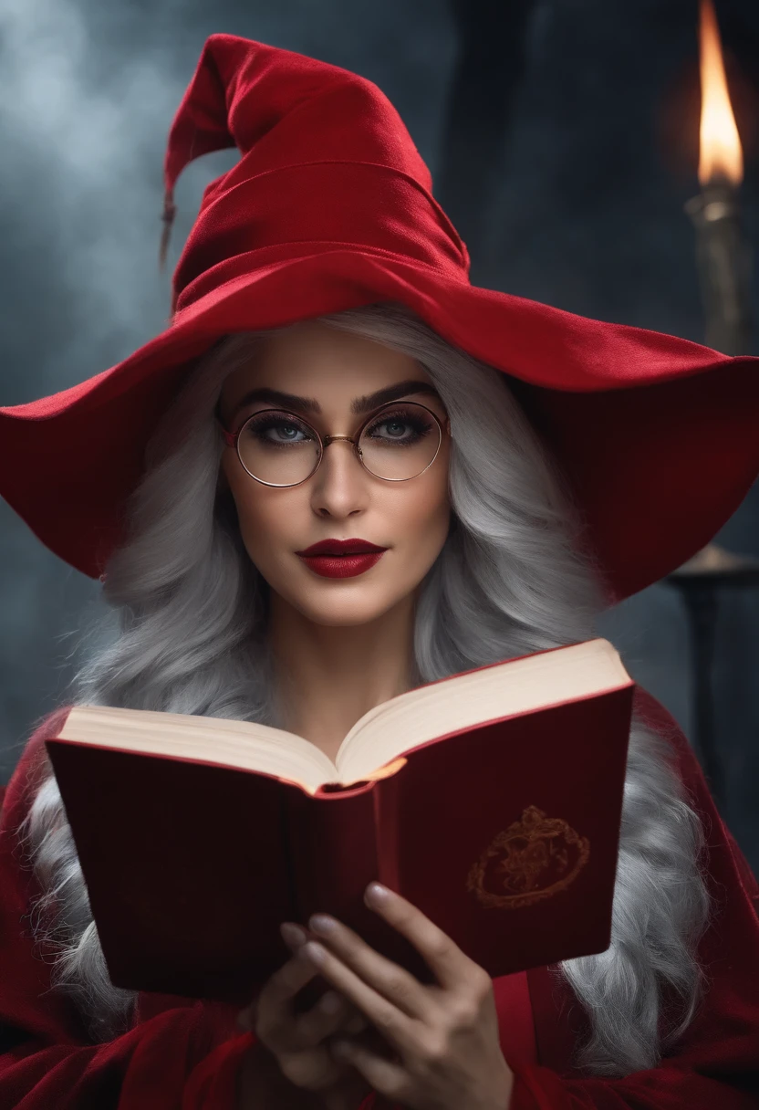 Woman in red hat and glasses holding a book,silver hair,she wears Harry Potter glasses, Maya Ali as D&D sorceress, holding spell book, dressed as witch, D&D magician, wearing a red wizard hat.