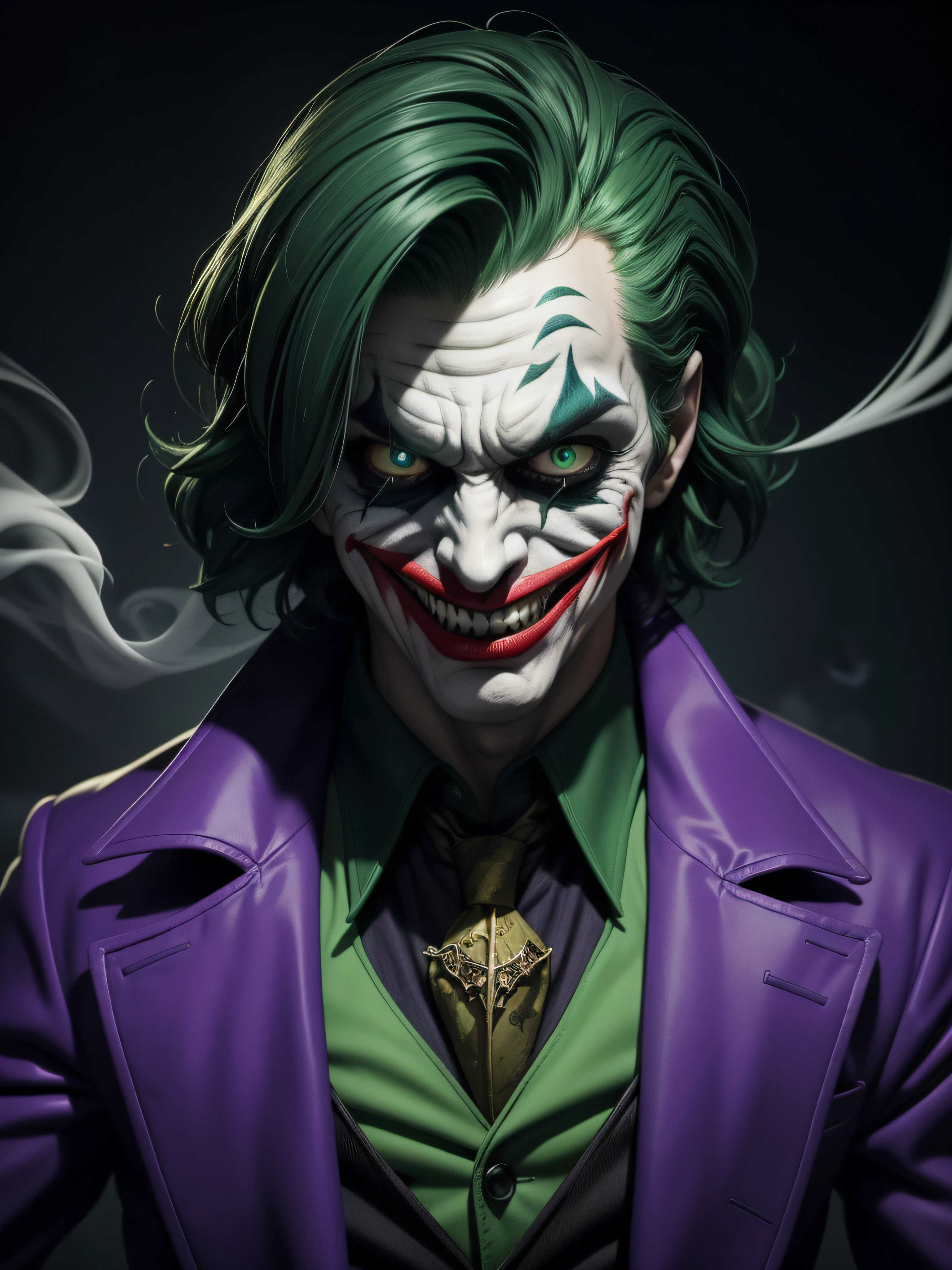 3d animation, joker, realistic, highest, (best quality, 4k, 8k, masterpiece:1.2), detailed face and expressions, haunting eyes and wicked smile, colorful and vibrant scene, studio lighting, dark and moody atmosphere, bold and exaggerated movements, chaotic and unpredictable actions, dramatic camera angles, confetti and smoke effects, crazy laughter and maniacal voice, twisted and distorted features, quintessential joker essence, captivating and unsettling presence, horror fusion with comic book aesthetics, highly detailed costume and makeup, brilliant purple and green color palette, playful yet sinister tone, impeccable rendering and texturing, striking visual impact, authentic portrayal of the iconic character.