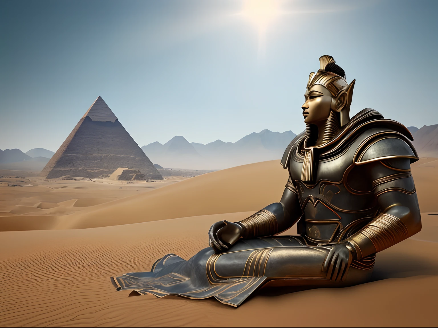 Faraway view, Myths and legends, Shiva, Sun Wukong, Titan, egyption, pyramid, A desert, Sand, Exquisite, 8K, Masterpiece,intricate, elegant, highly detailed, majestic, digital photography, art by artgerm and ruan jia and greg rutkowski, (masterpiece, sidelighting, finely detailed beautiful eyes: 1.2), hdr, detailed background,