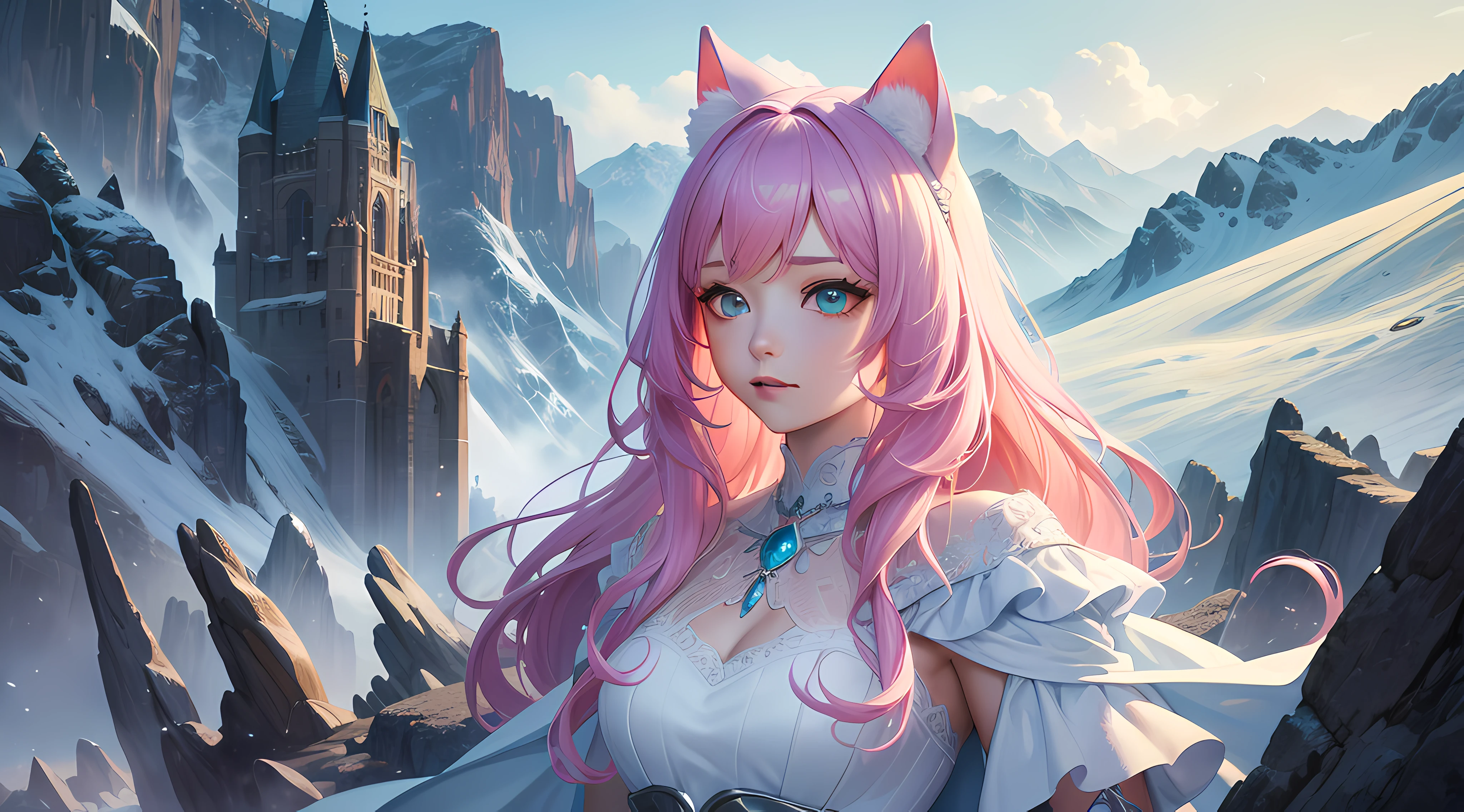 (Masterpiece:1.3), (Best quality:1.3), Fantasy art, Stand in the mountains, Dynamic lighting, voluminetric lighting, Highly detailed face, Turquoise pupils, Highly detailed eyes，4K, Award-winning, 1 girl, (white wedding gown), Long pink hair, cat ear，Lilac light gauze shawl，