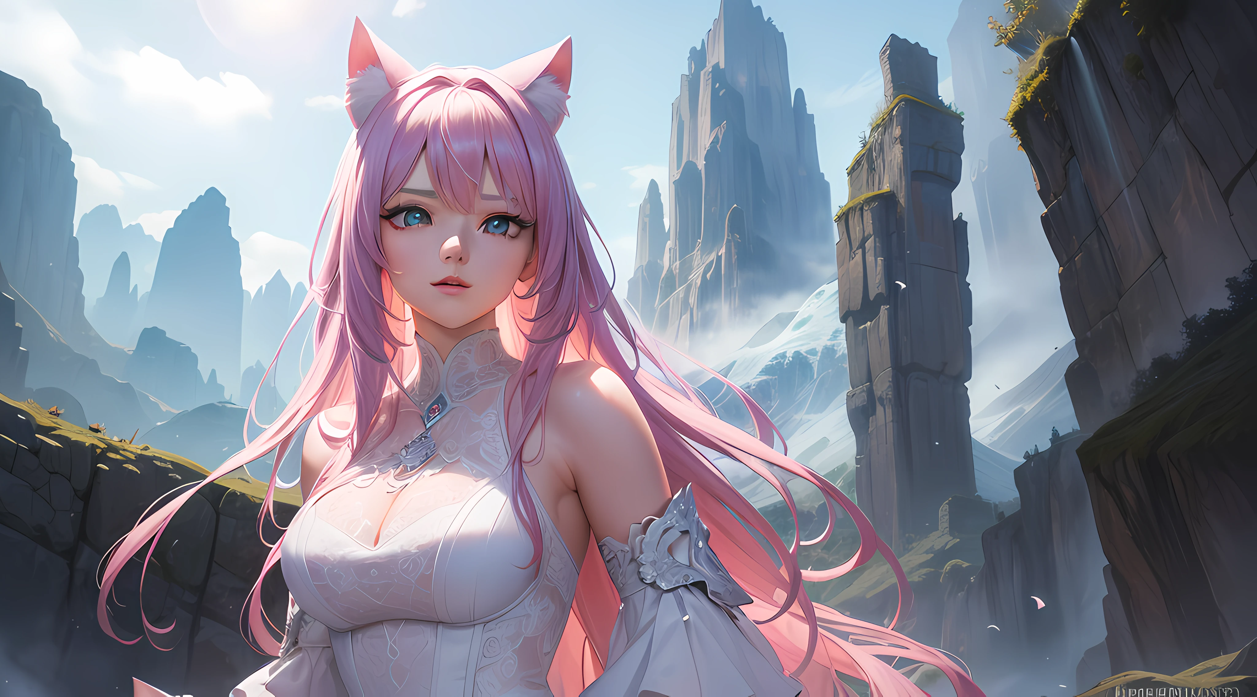 (Masterpiece:1.3), (Best quality:1.3), Fantasy art, Stand in the mountains, Dynamic lighting, voluminetric lighting, Highly detailed face, Turquoise pupils, Highly detailed eyes，4K, Award-winning, 1 girl, (white wedding gown), Long pink hair, cat ear，Lilac light gauze shawl，