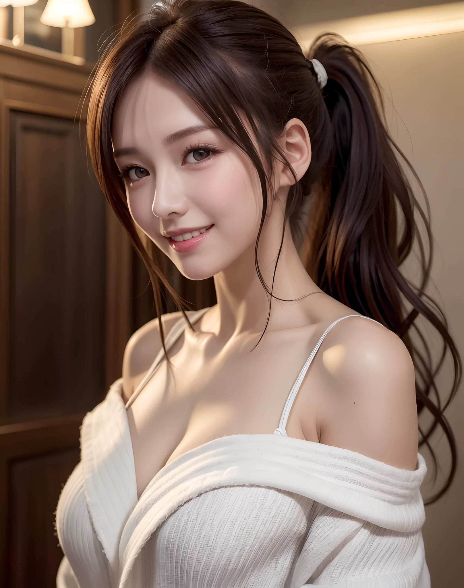 (Best Quality), (masutepiece), (High resolution), (Intricate details:0.2),(Professional Lighting), dressing gown, Detailed background,off shoulders, (Previous view), 1girl in, Solo, (Beautiful face), Slim body, Fine skin, Smile, brown hair in a ponytail, Beautiful eyes, look at at viewer,