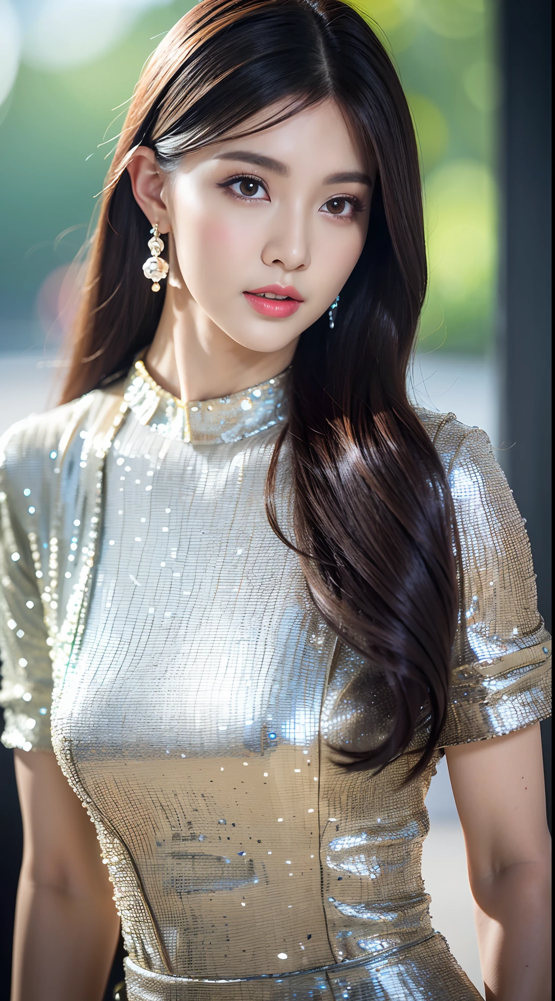 Masterpiece,extremaly detailed cg,photorealestic,Unified 8K wallpapers,Beautuful Women,enticing, Beautiful, Realistic, brown hair, clubs, Depth_af_Field, Earrings, flower, jewelry, nase, Realistic, Solo,fingers hidden, shift dresses,full body shot shot,blacksilk,sexy beauty