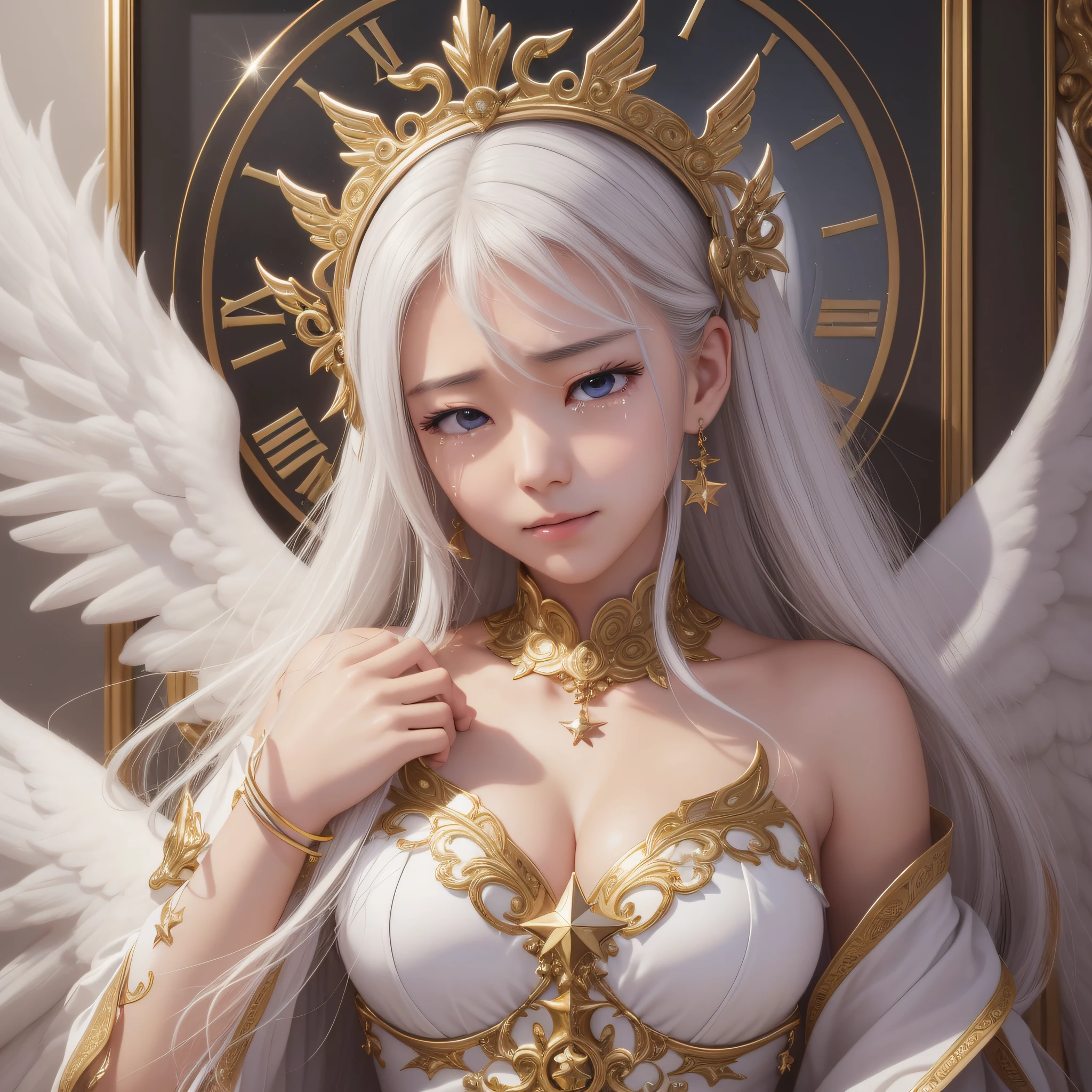 very realistic、Angel's Wings、Fair-skinned、A gentle smile like a virgin.、Big breasts out、official art、Orbs、God of Time、Kronos、White and beautiful hair、White dress、Star Sky、Quick Details、ultra res、Real Photo、luxury jewelry、Divinity々Shikai、In 8K、Delicate luster、equality、cry、mournful、regret、Tears、A face of regret.