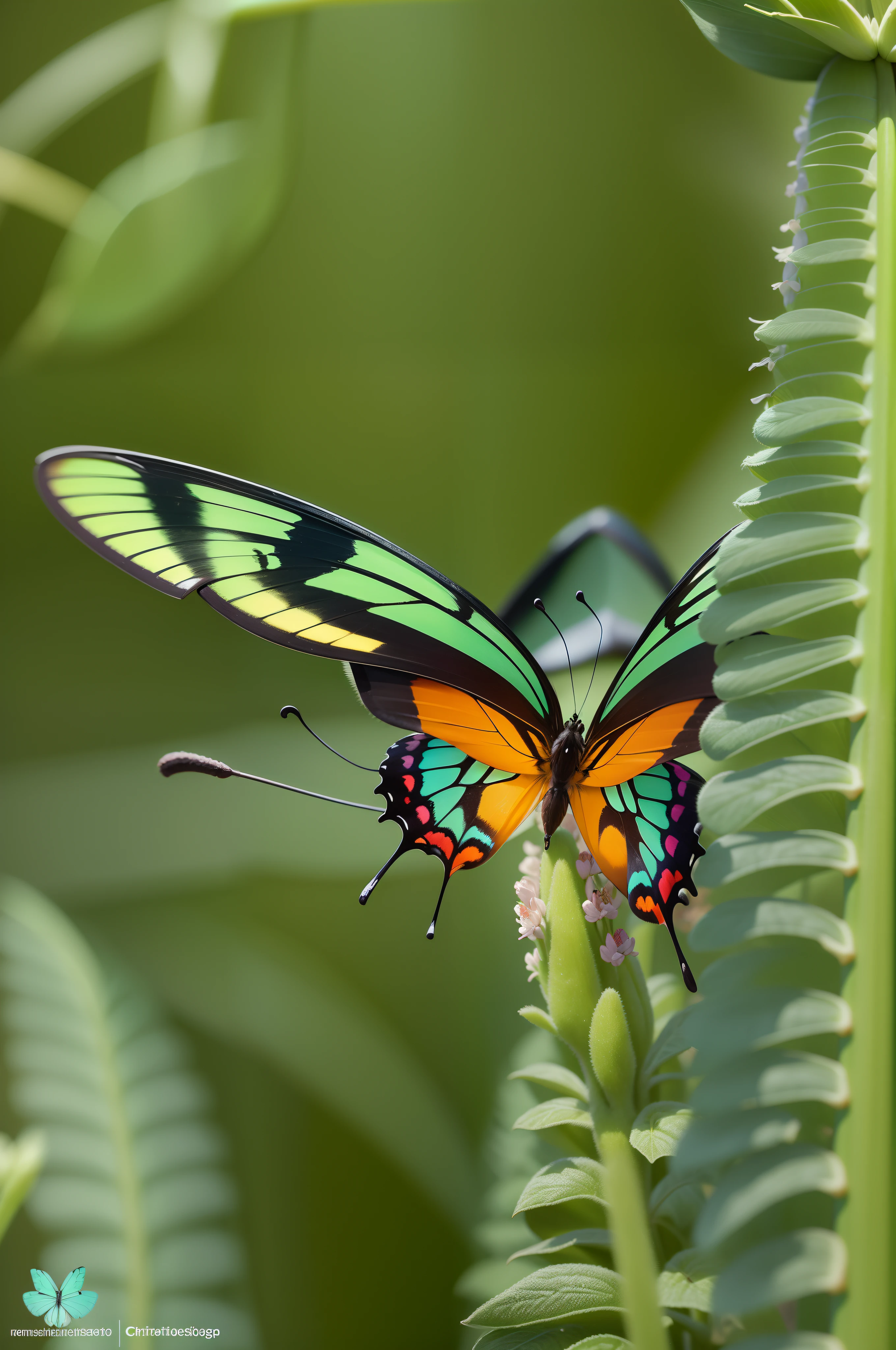 Eine makrofotografie eines tropischen Schmetterlings auf exotischen Blumen.