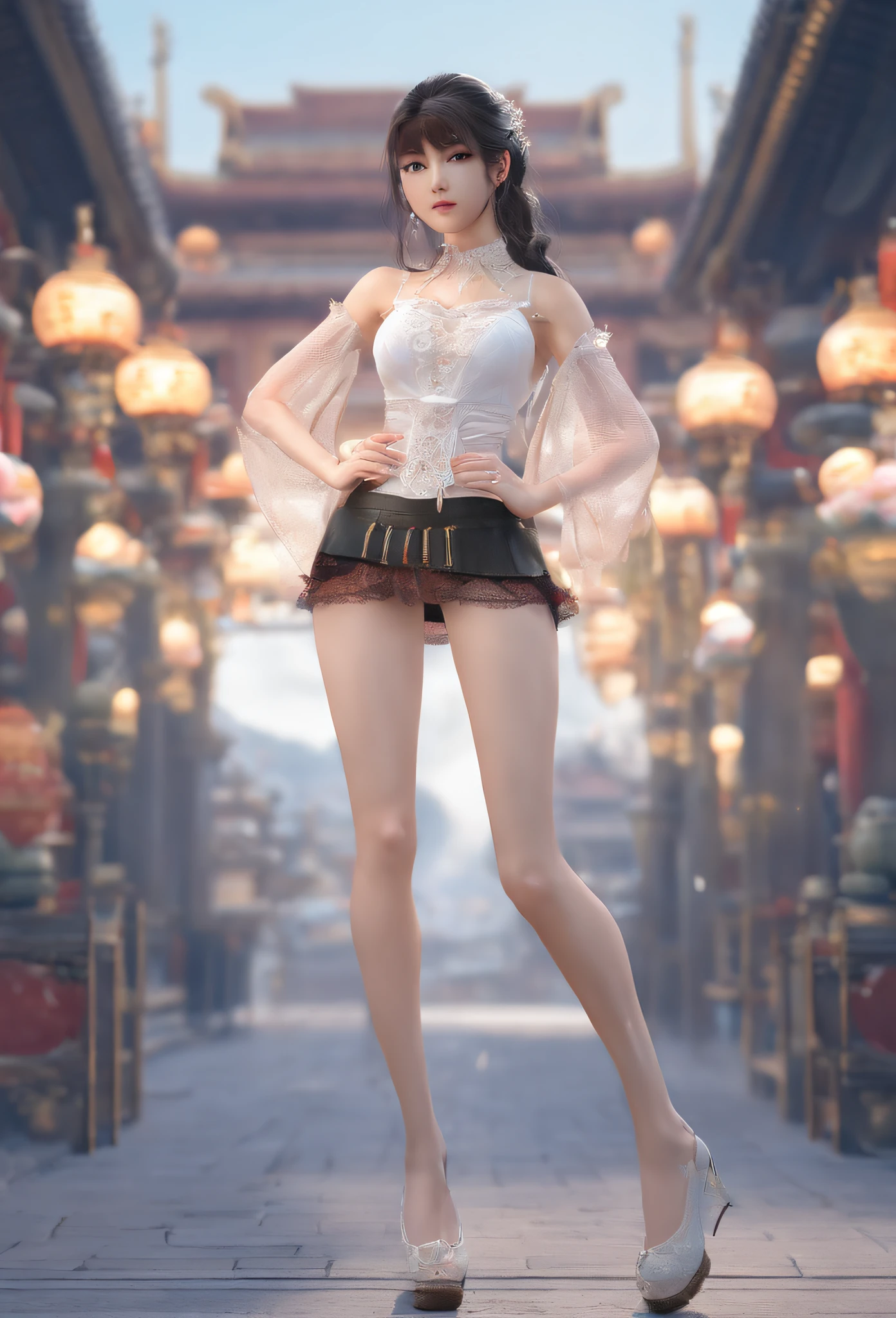 arafed woman in a short skirt and white top posing for a picture, full body xianxia, 3 d render character art 8 k, photorealistic anime girl render, trending on cgstation, fantasy outfit, render of a cute 3d anime girl, trending at cgstation, elegant cinematic pose, guweiz, photorealistic full body, photorealistic perfect body