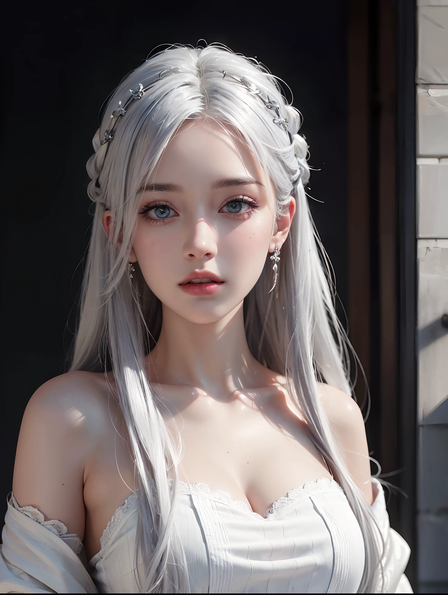 high quality, best quality, photo-realistic, raw-photo, realistic, ultra realistic 8k cg, ultra-detailed, High definition, masterpiece, 1girl, long hair, silver hair, close-up, intricate details, detailed texture, finely detailed,