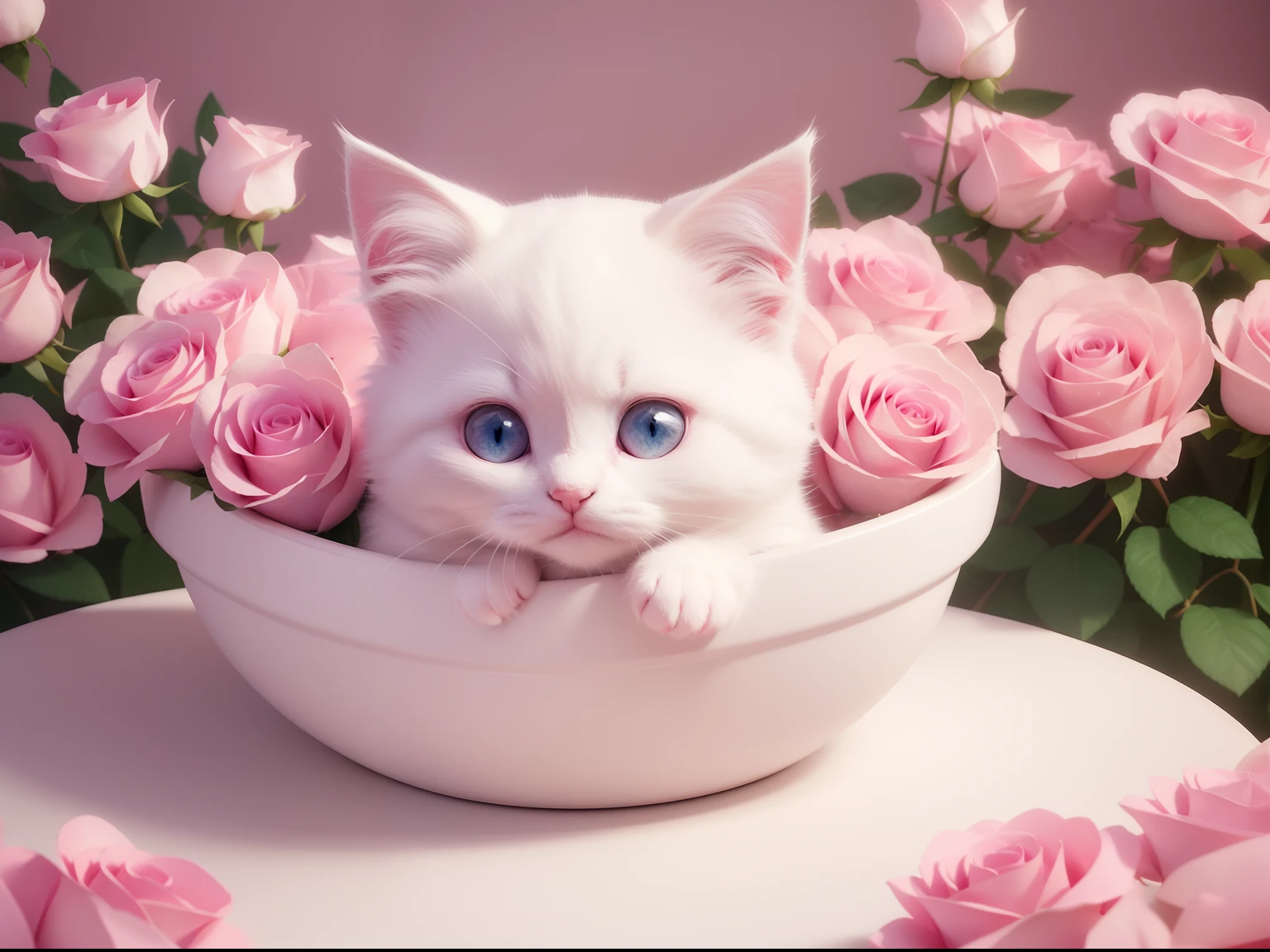 there is a white kitten sitting in a bed of pink roses, adorable digital painting, cute detailed digital art, cute digital art, cute 3 d render, cute detailed artwork, anime visual of a cute cat, beautiful and cute, cute cat, beautiful digital artwork, cute artwork, beautiful digital art, beautiful digital illustration, beautiful digital painting, 4k highly detailed digital art