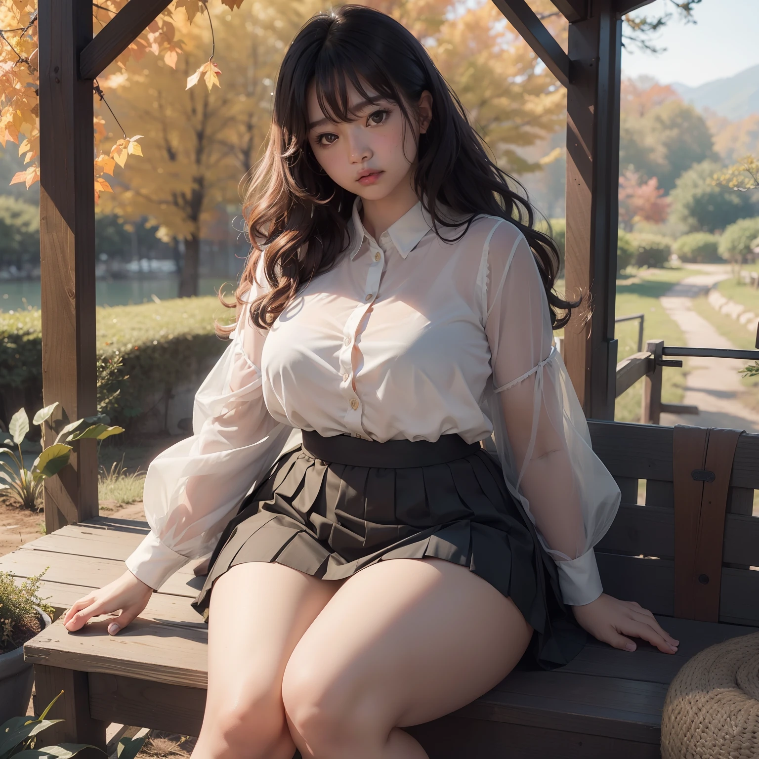 Similar to Akina Nakamori、、Little fat girl、18year old、Bronze hair、Curly、Transparent cotton shirt、Angry face、Autumn landscape、Hair illuminated by the sun、Little fat woman、skirt by the、hightquality、校服、tanned face、tiny chest、Underwear is visible from the skirt、A sexy、Sheer、 appearance、see -through、drooing eyes、sulky face、Best Quality, full-face blush.  pantie shot, pov feet, Barefoot, Open your clothes. pile-driver. (thighs thighs thighs thighs).(Open your clothes)