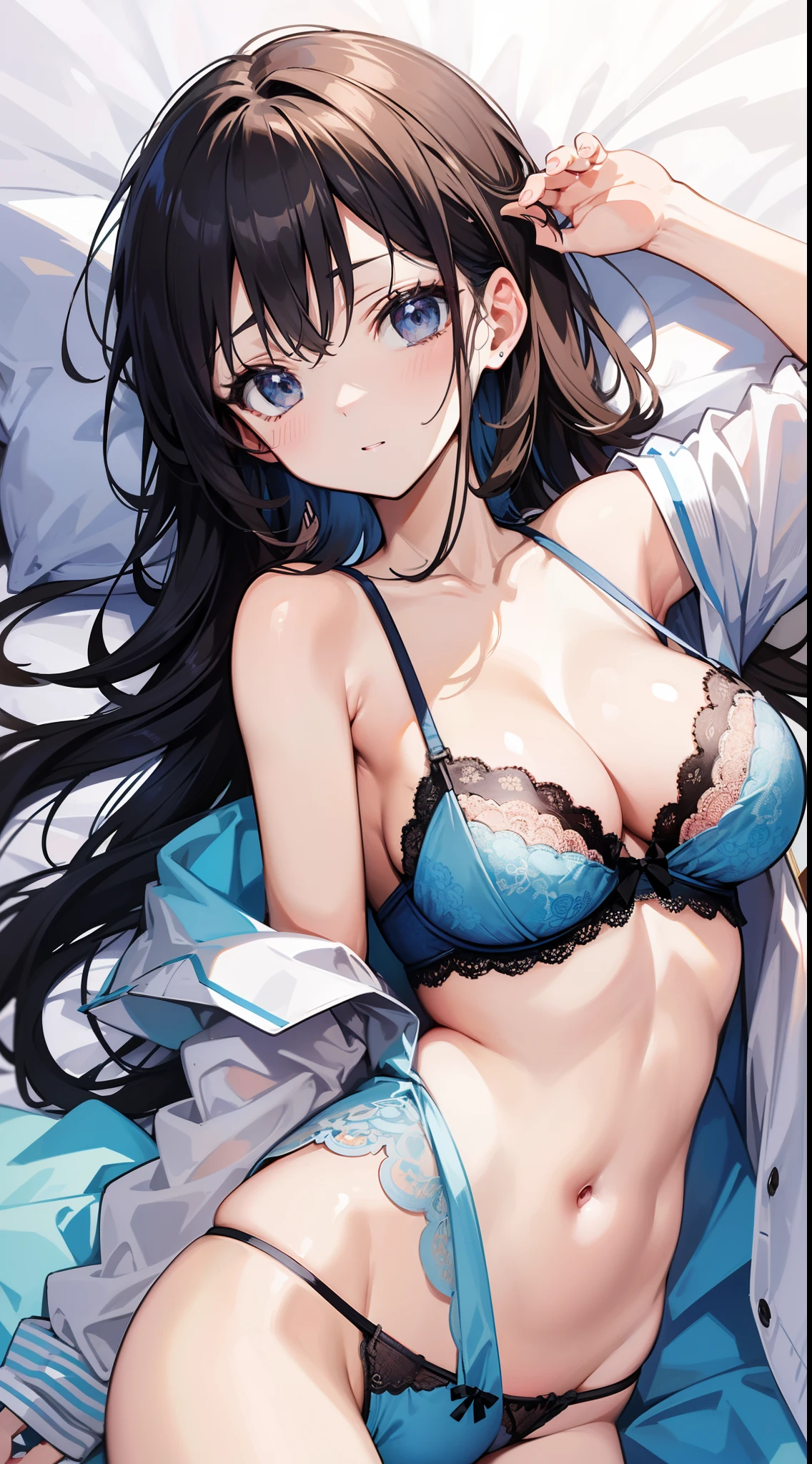 masutepiece、hight resolution、1girl in、in one's underwear only、Light blue lingerie、large full breasts、Lying on your back in bed、Cute anime illustration、