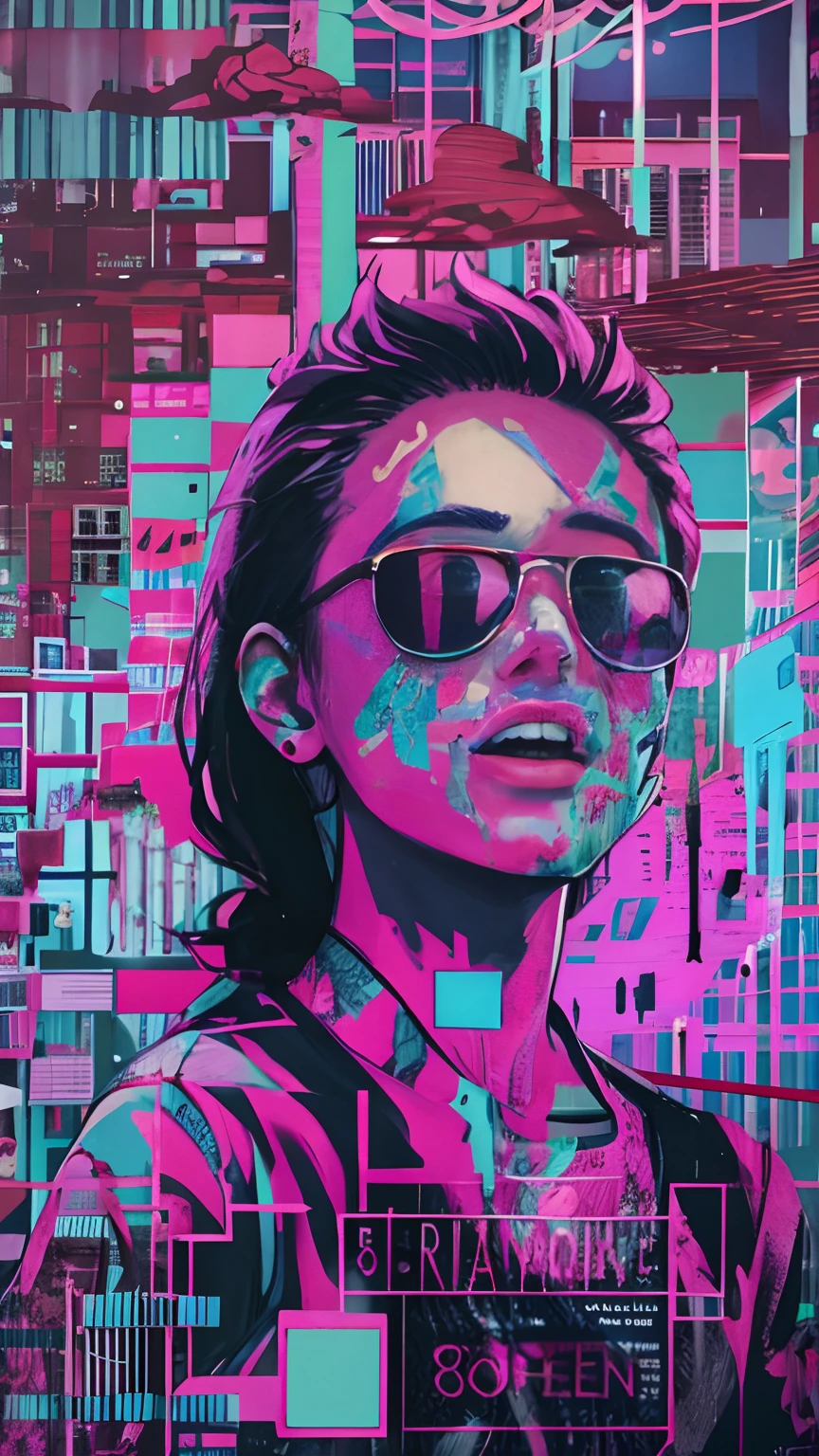 (masutepiece), Best Quality, Expressive eyes, face perfect,(gritty:0.9),(80's aesthetic:1.1),(neons:0.8),(Retro:0.9),(analogue:1.1),(独奏:0.8),(1 person:0.6),(Calavera:0.5),(Sunglasses:0.7),(shinigami:0.5),(Purple and pink color scheme:0.9),(glitched:1.1),(uproar:1.0),(Black and white:0.6),(Drooping Letters:0.8),(The aesthetics of vaporwave:1.2),(digital distortion:0.9),(macabre smile:0.7),(blood splash:0.8),(darkness:0.9),