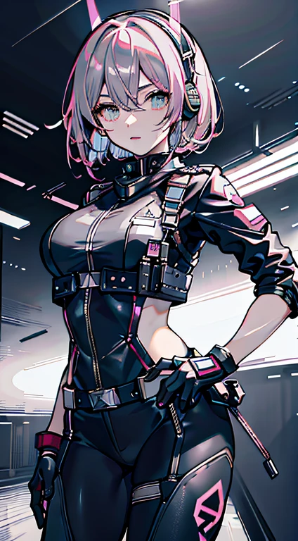 Top Quality, Ultra High Definition, (backlight), (Photorealistic: 1.4), (cowboy shot:1), 1 Beautiful Girl, (Kpop Idol), Detailed Face, (Hair Style: Pink:1, fullbang, shortbob-style:1), Contrapposto, Perfect Anatomy, Smooth Skin, Professional Lighting, ((wearing Futuristic Police Racing Suits, police wappen, High-tech Headset, military harness, racing gloves, machinegun)), ("POLICE", Cloths colors based on silver pink black white), (background grey),
