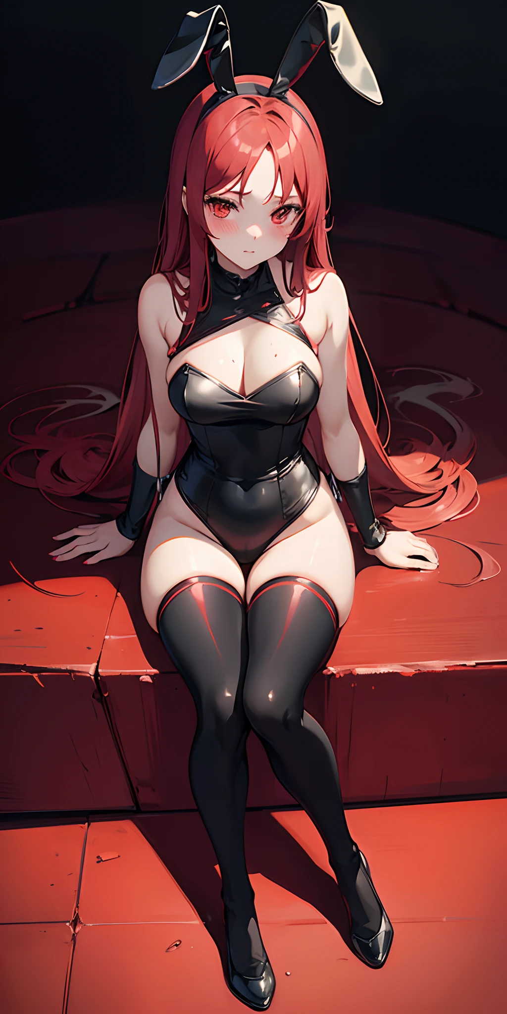 ((anime)), (1 girl), (black-red paint:1.2), short, sitting, (skintight seamless bunny suit:1.3), (long crimson hair:1.2), (medium breasts), (blush:1.2)
