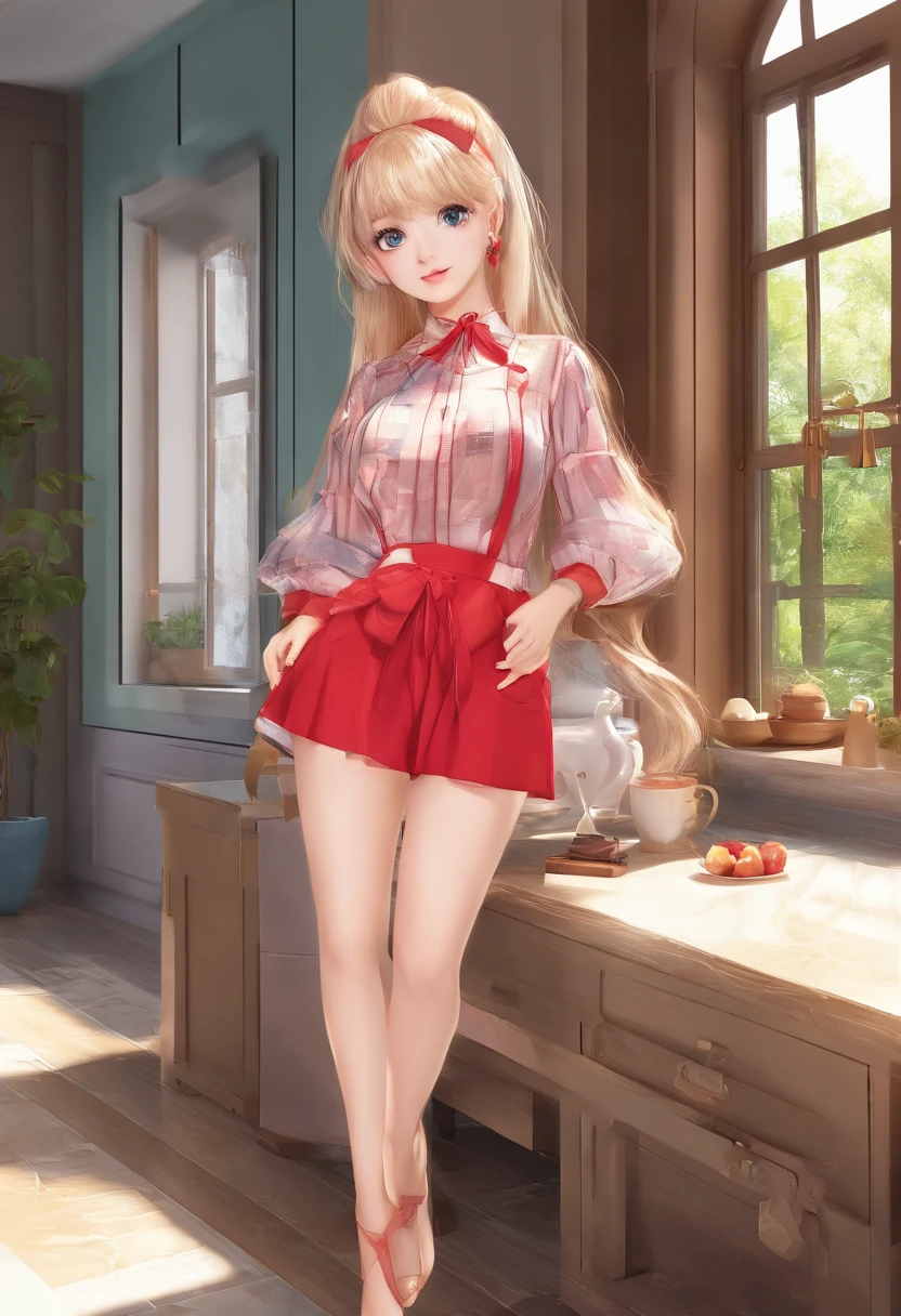 masterpiece、top-quality、caucasian female、a blond、blue eyess、Nice Buddy、(Upper body shirt)、(The lower part of the body is wrapped in red bloomers.)、Entrance to the apartment、Nasty laughter、huge smile、Open the door、Sex Worker、Welcoming guests、