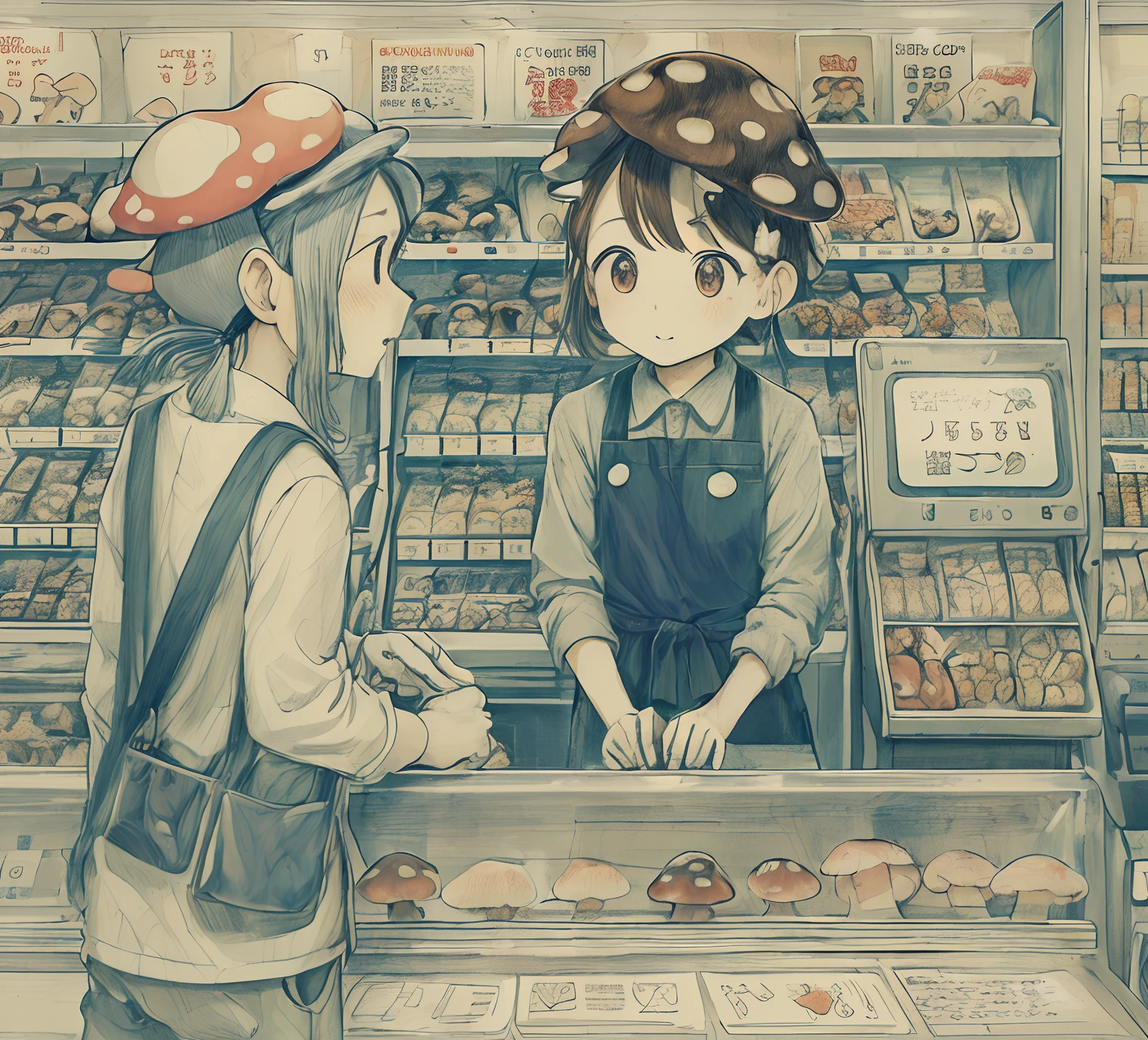 (mushroom on head:1.3), a cartoon of a woman paying a man a credit card, convenience store, at checkout, at the counter, by Kamisaka Sekka, customers, counter, people shopping, customer, switch, kano), illustration], ad image, by Nakahara Nantenbō, by Yanagawa Nobusada, by Maeda Masao