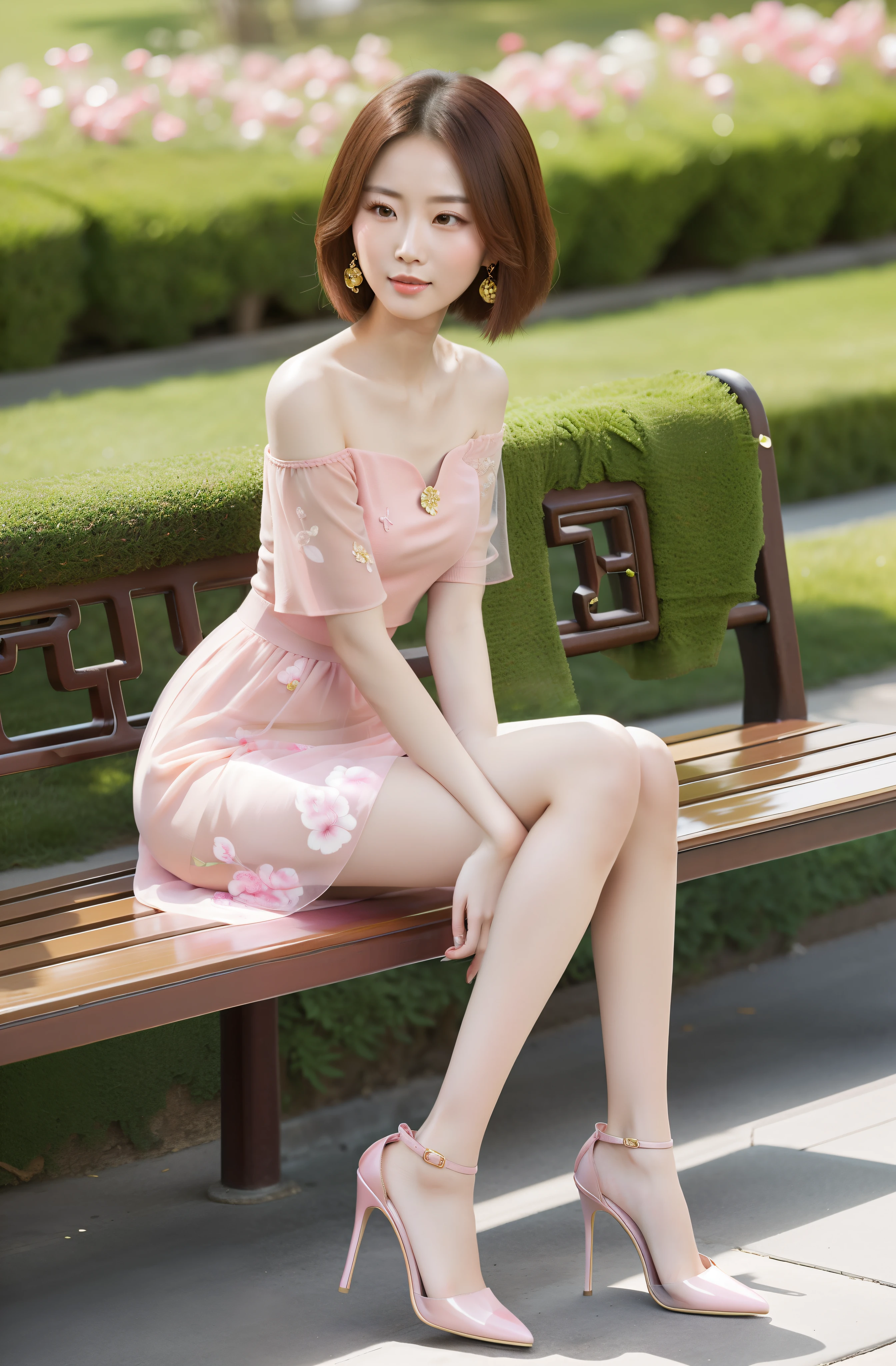 Beautiful Chinese woman sitting on bench,  Dress tightly, Slim and transparent，Off-the-shoulder attire，low chest，Legs straight，very beautiful long slim legs, short detailed hair，Pink high heels，