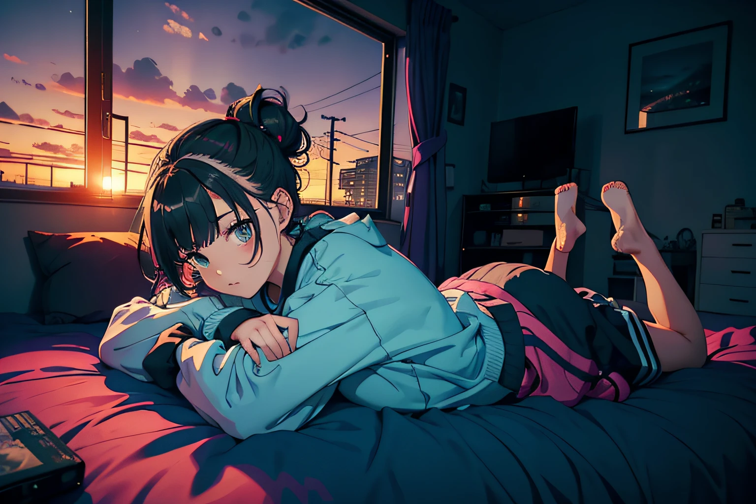 Masterpiece, High quality, Girl, Hair tied up, Hair with colorful highlights, big clothes, baggy clothes, Comfortable clothes, Indoors, Night, Sunset, Dark room, Absentmindedly fiddling with something, lying down,