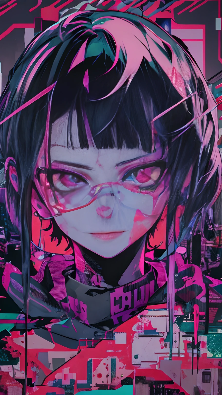 (masutepiece), Best Quality, Expressive eyes, face perfect,(gritty:0.9),(80's aesthetic:1.1),(neons:0.8),(Retro:0.9),(analogue:1.1),(独奏:0.8),(1 person:0.6),(Calavera:0.5),(Sunglasses:0.7),(shinigami:0.5),(Purple and pink color scheme:0.9),(glitched:1.1),(uproar:1.0),(Black and white:0.6),(Drooping letters:0.8),(The aesthetics of vaporwave:1.2),(digital distortion:0.9),(macabre smile:0.7),(blood splash:0.8),(darkness:0.9),