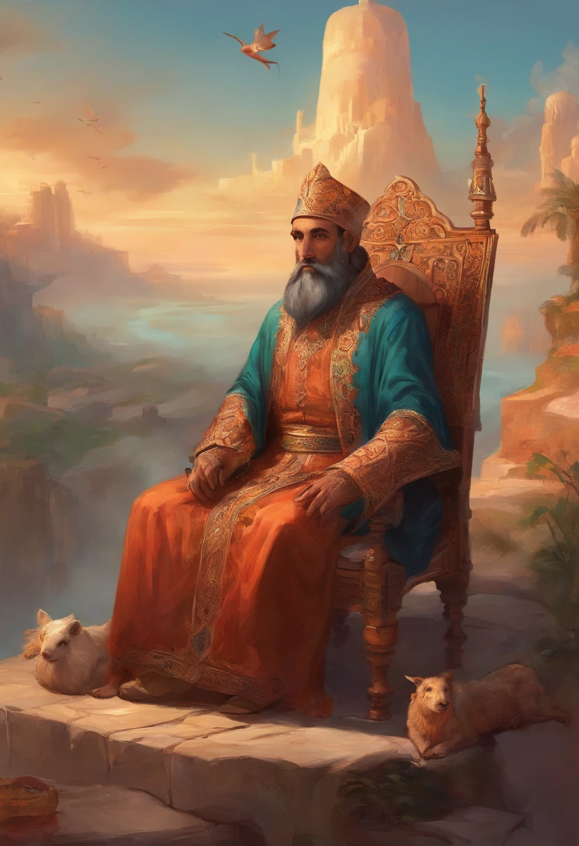 Al-Khwarizmi sitting in a chair on the edge of a table full of grilled pig and cow