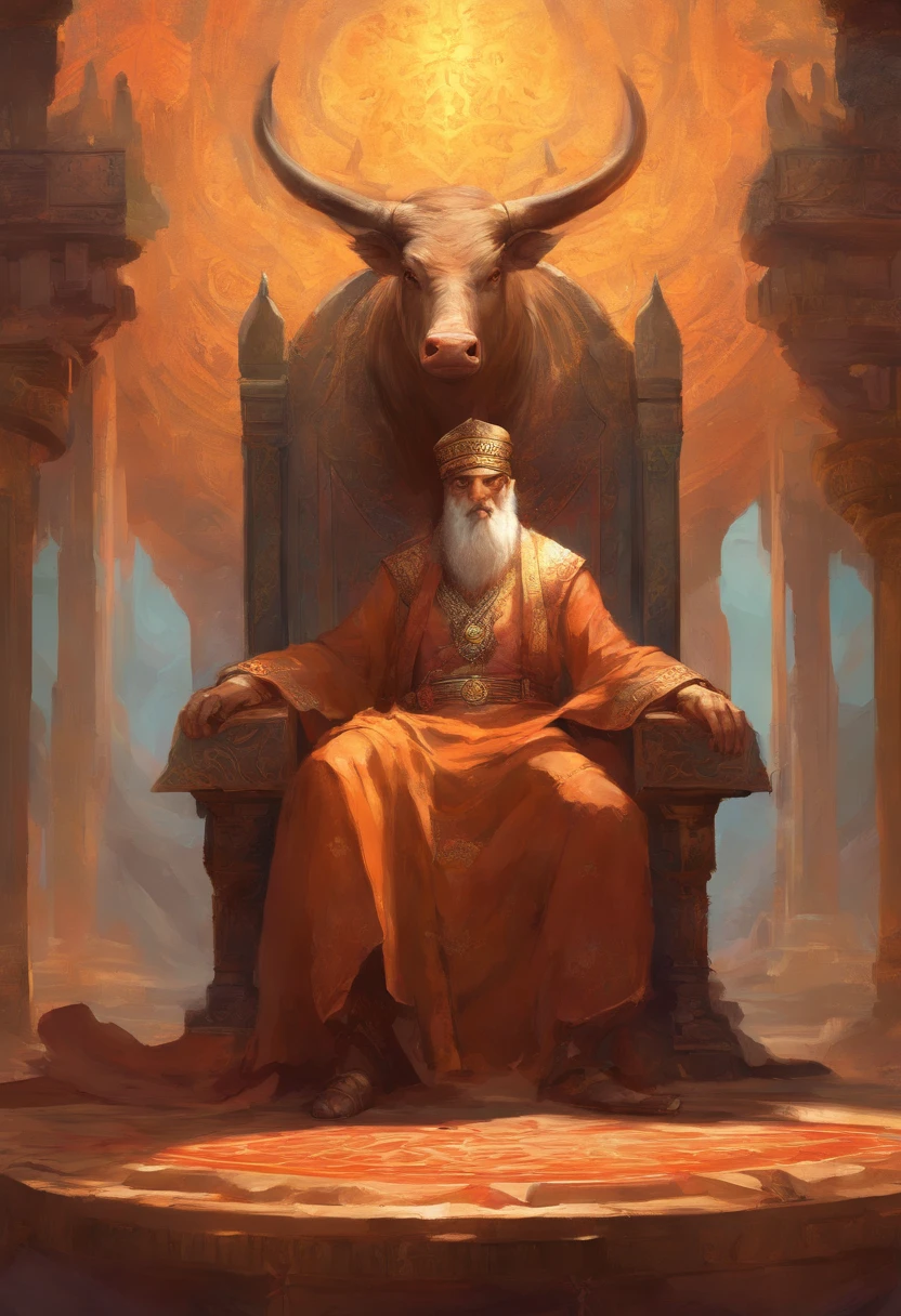 Al-Khwarizmi sitting in a chair on the edge of a table full of grilled pig and cow