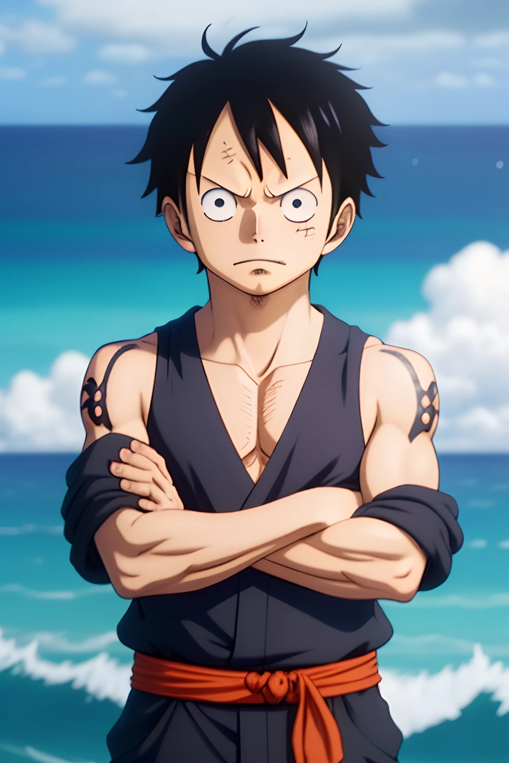 Erstelle ein hochwertiges Manga-Panel mit einem Charakter, der von Monkey D inspiriert ist. luffy from one piece, aber angepasst an die einzigartige Welt von Midjourney. Dieser Charakter sollte eine Marine-Uniform tragen und ein sehr detailliertes Gesicht haben, faithfully capture the original manga style by Eiichiro Oda. The character should exude an angry expression on his face with his arms crossed. Platzieren Sie sie vor dem Hintergrund einer Marinebasis, mit einer Vielzahl bewaffneter Marinesoldaten, die dahinter stehen, Ready for use. Stellen Sie sicher, that the character's face is carefully designed without facial flaws, Maintaining the originality of the Midjourney universe.