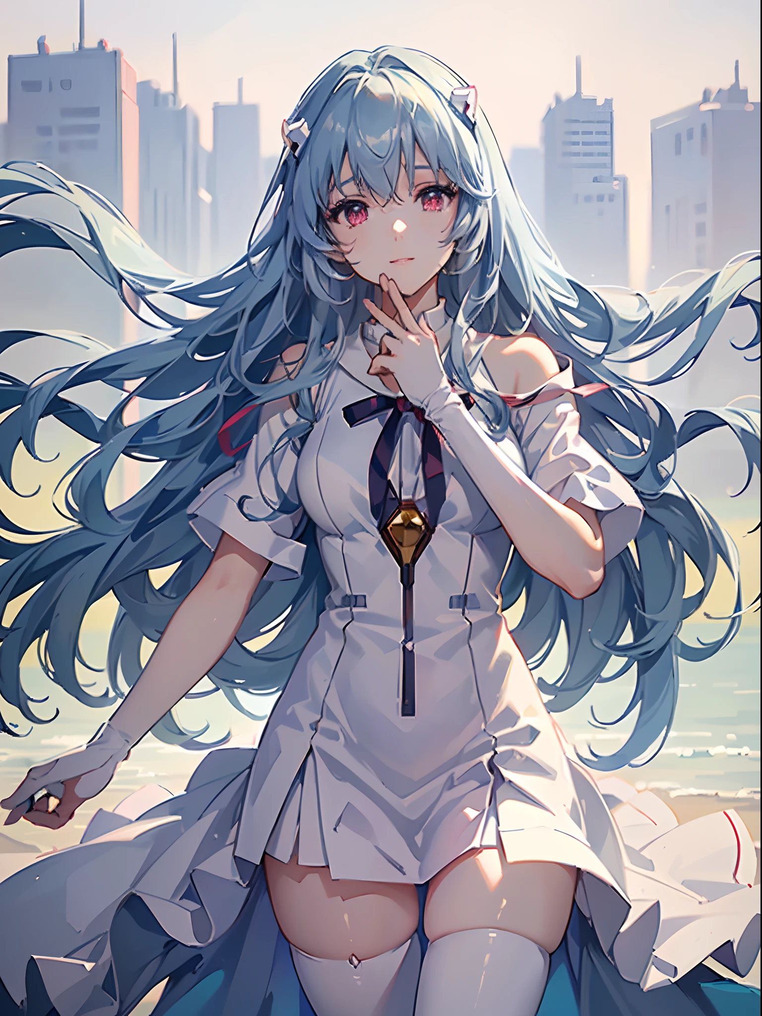 (((ayanami rei:))),1girl,solo,(masterpiece,best quality, official art,aim to viewers, beautiful and aesthetic:1.3),((ultra high res,golden ratio,)) (4k,8k,16k),((from above)),((blue earth in the distance)),floating,dynamic lighting, natural lighting,(photon mapping, radiosity, physically-based rendering,automatic white balance), technological sense,Amazing,sharp focus,rich background, (((high detailed skin,)))dynamic lighting,intricate detailed outfit,glowing eyes,watery eyes,((extremely long hair,))smile, skiny, short skirt,button shirt,(masterpiece sidelighting),(bishoujo,lustrous),(sky blue hair,pink eyes,）[[delicate fingers and hands:0.55]::0.85],(detail fingers),(((Ultra Photographic Quality,ultra wide angles)))),((incredibly absurdres)),microshot,((extremely_detailed_eyes_and_face)),(disheveled hair),FilmGirl,(dynamic configuration: 1.1),dreamy,Brilliant