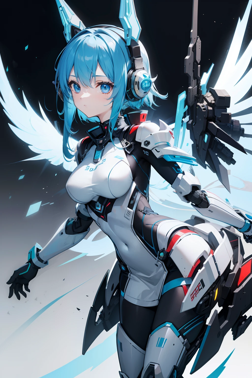 hatunemiku VOCALOID, twin tails, light blue eyes, light blue hair, huge breasts, Angel wing, mecha girl,