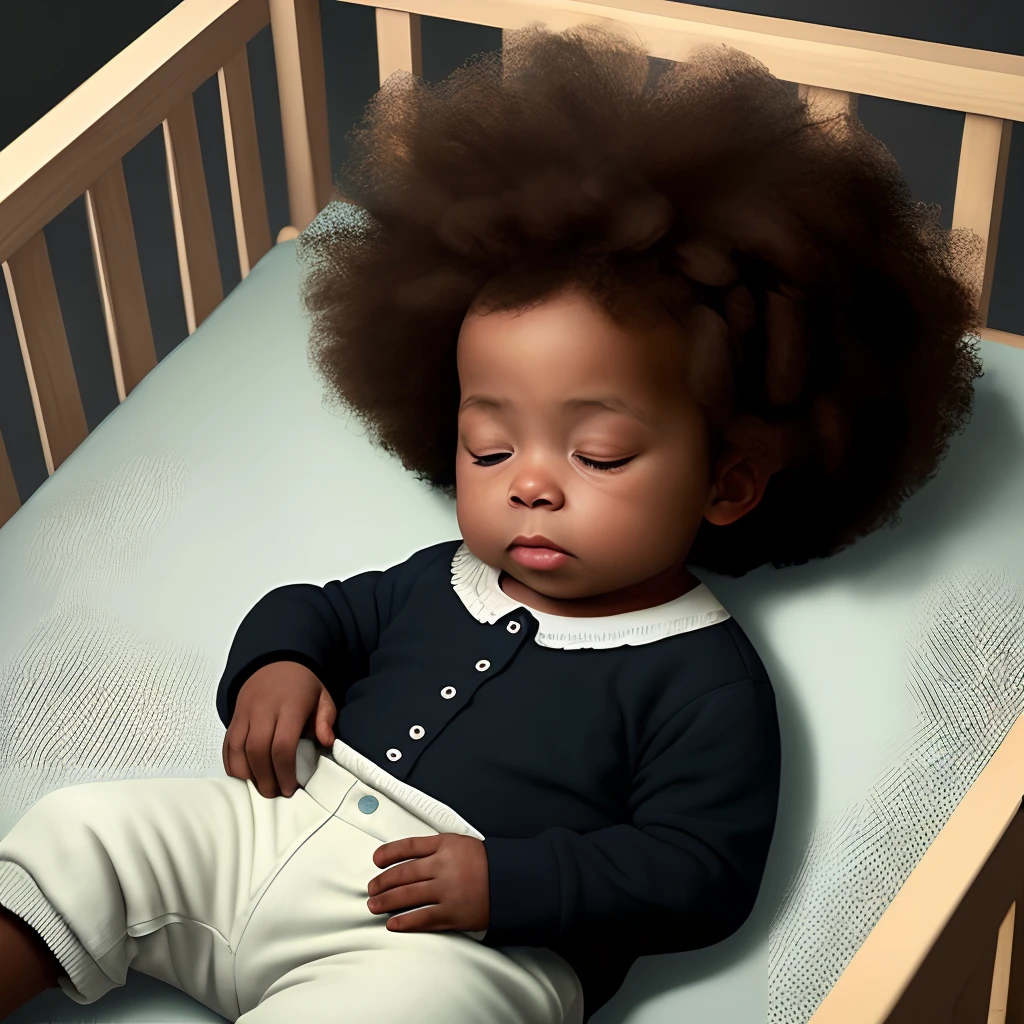 There is a  who is sleeping in a crib, precioso, chico lindo, inspirado por Frieke Janssens, por Frieke Janssens, dormido, Hombre negro con cabello afro, Retrato de alta calidad, Adorable pintura digital, somnoliento, moreno, Cerrar retrato, Toma de retrato, Arte digital. Foto realista, Toma de retrato detallada, Un ultra realista