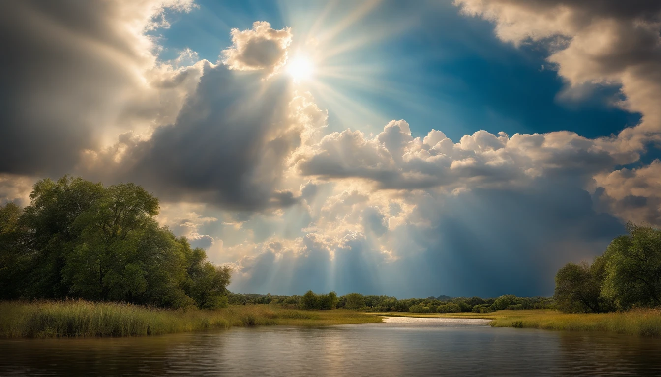 (best quality,photorealistic:1.37),azure sky,same big white clouds,light colors,rays of daylight,masterpiece