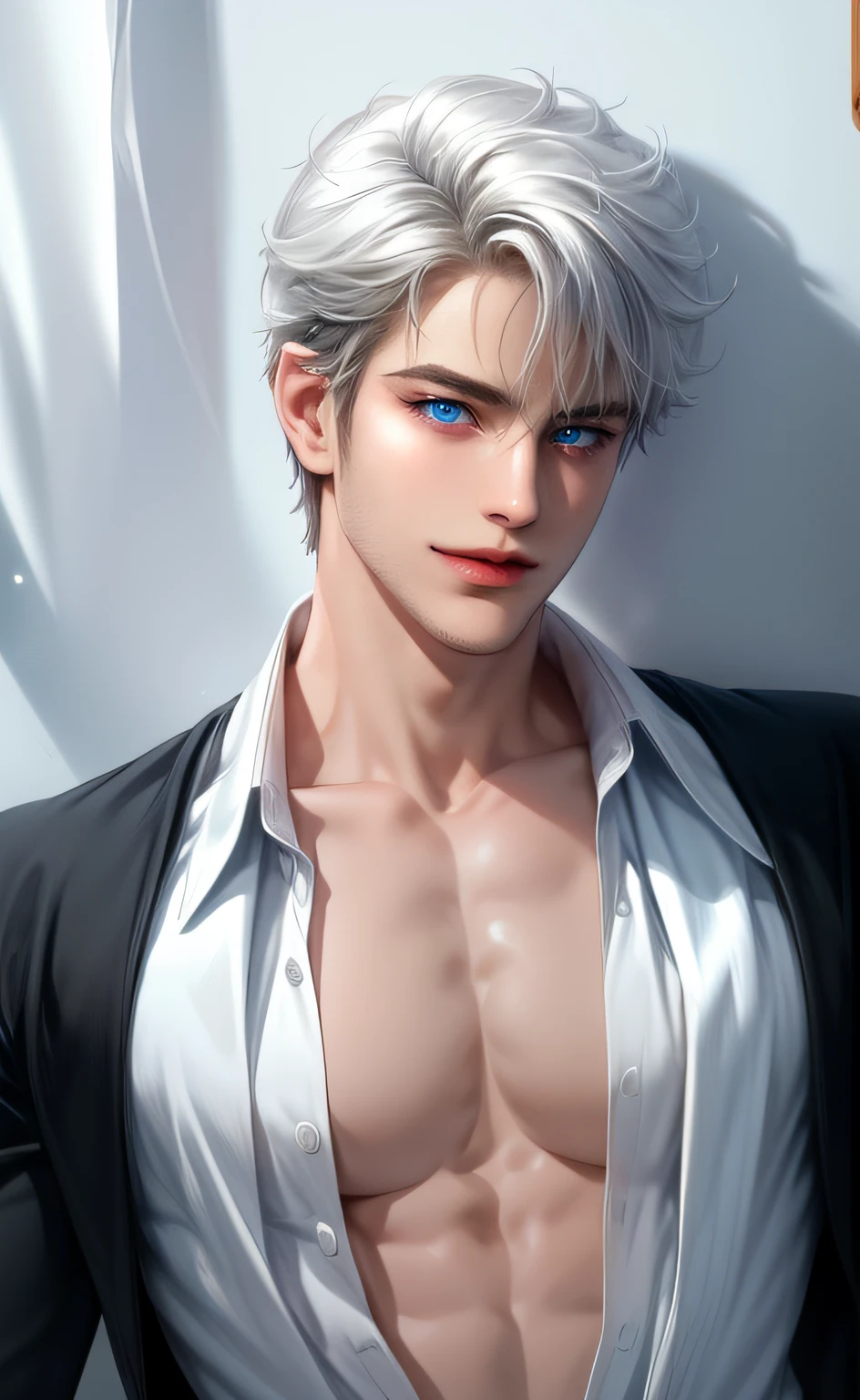 (masterpiece,best quality,ultra_detailed,highres,absurdres) (detailed shadow) (quality light),1 mature male, 20-ish, ((no chest hair)), male focus, solo, white hair (blue eyes), ((no beard)), simple background, upper body, looking at viewer, parted lips, round eyewear, open black shirt, long sleeves, showing a bit of muscles, smirk smile face.