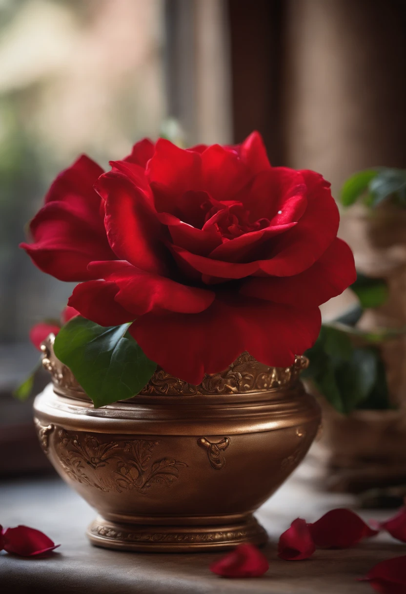 Red Beauty and the Beast flower inside the pot falling petals