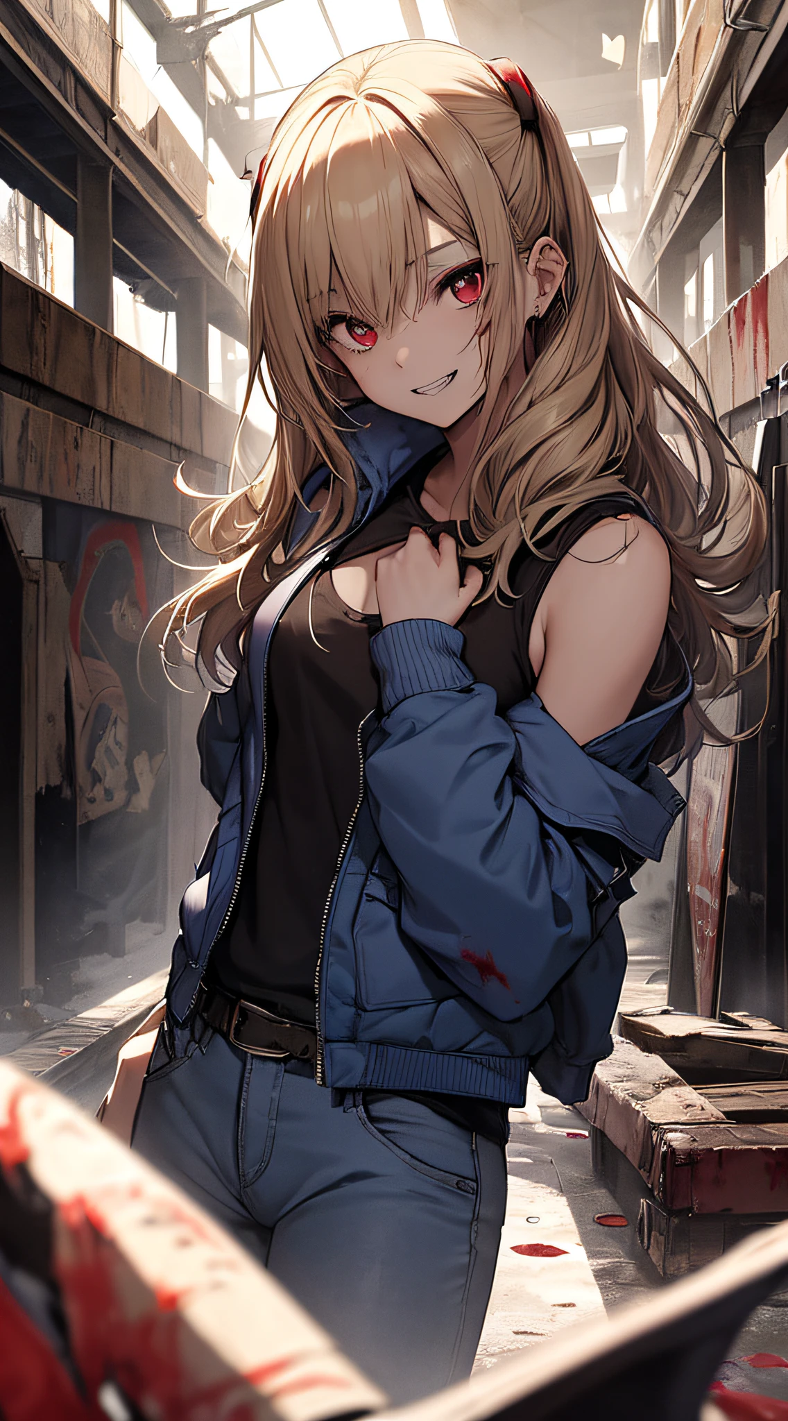 top-quality、Top image quality、masterpiece、girl with((18year old、Black tank top、Blue jacket、White pants、Best Bust、Bust 85、a blond、poneyTail、Red Eyes、open chest wide、Happiness、Return blood、Blood from the mouth、holding a bat with blood on it,、vampire teeth))hiquality、visualart、Background with((World of War))、