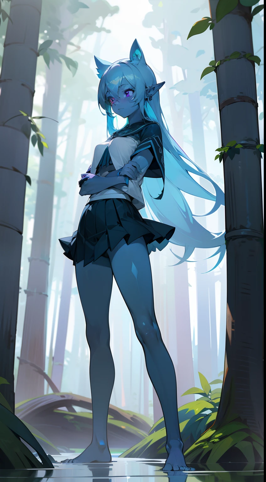 1girl water spirit,20s,solo,(((blue skin))),shy face,white school shirt,black scholl skirt,small tits,light blue hair,long hair,sexy,purple eyes,,elves ears,lustrous body,barefoot,crossed arms,ass,(((standing in front of a forest))