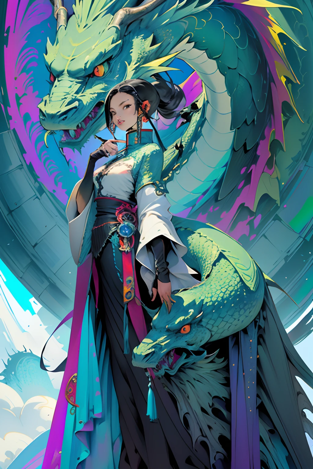 (masterpiece, top quality, best quality, official art, beautiful and aesthetic:1.2), (dark sorceress), extreme detailed,(fractal art:1.3),colorful,highest detailed looking the horizon with her dragon