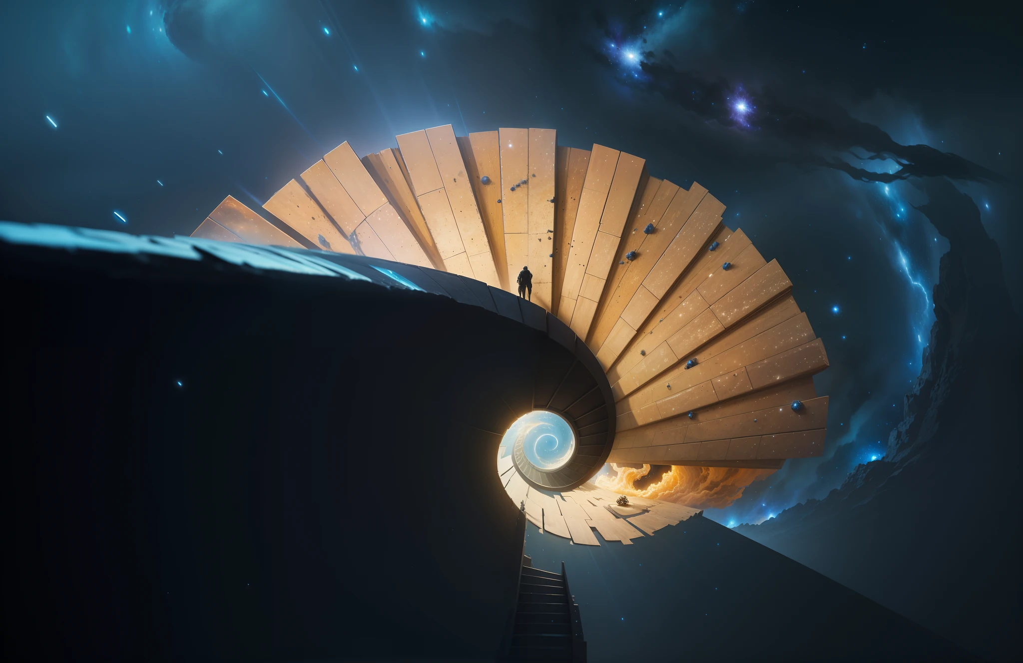 an anthill on the tardis dimension, looking into the infinite length of the universe, endless galaxies, dangerous black holes, exploding super novas, floating stars, endless staircases, starry nebulae, disturbing, cinematic atmosphere, negative dark mode, matrix atmosphere, swirling digital code with cloudstorm van gogh