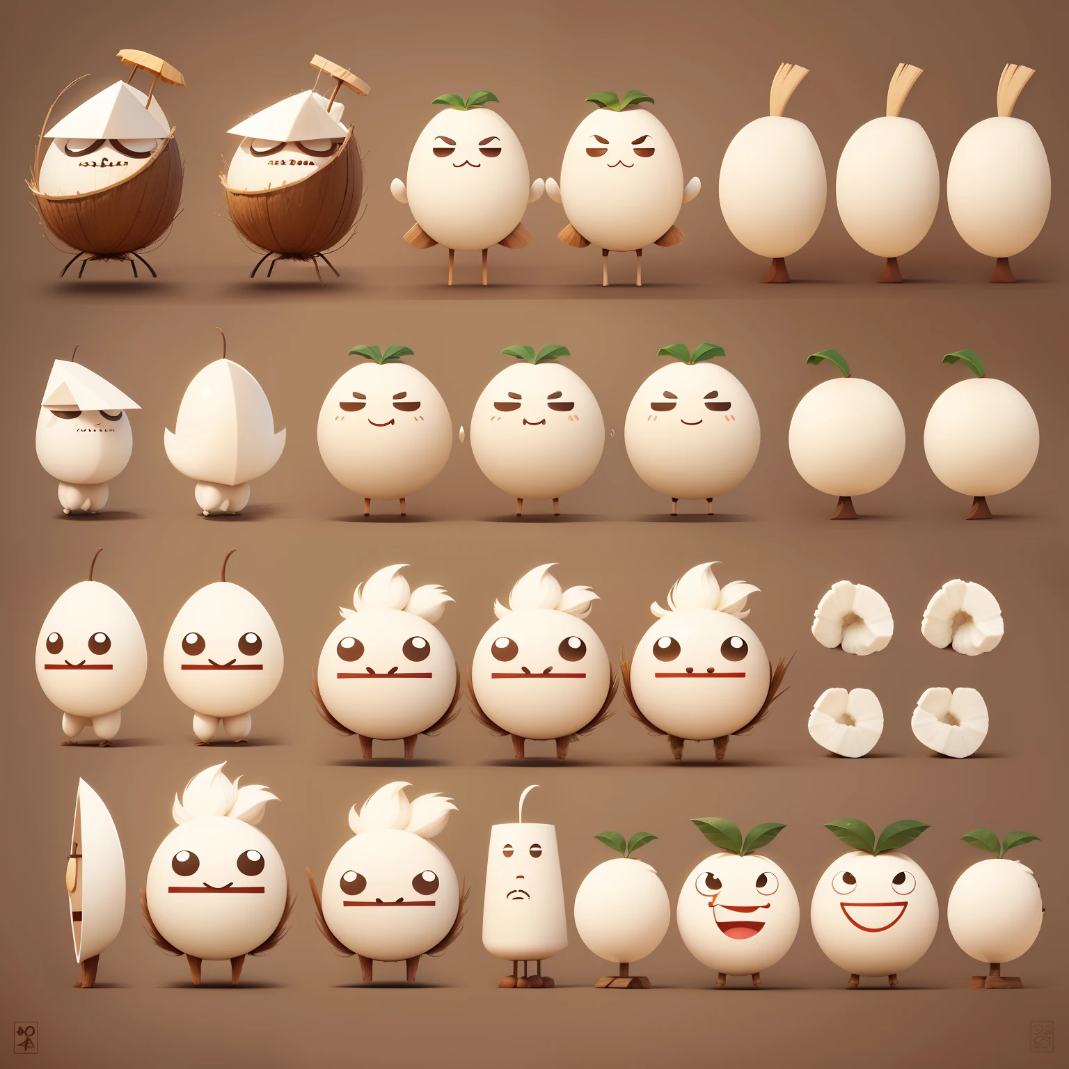character sheet，Coconut anthropomorphic cartoon image，Continuous expressions，frontage, Lateral face, on  back，Multi-perspective，2D，planar，stickfigure，Dopamine style