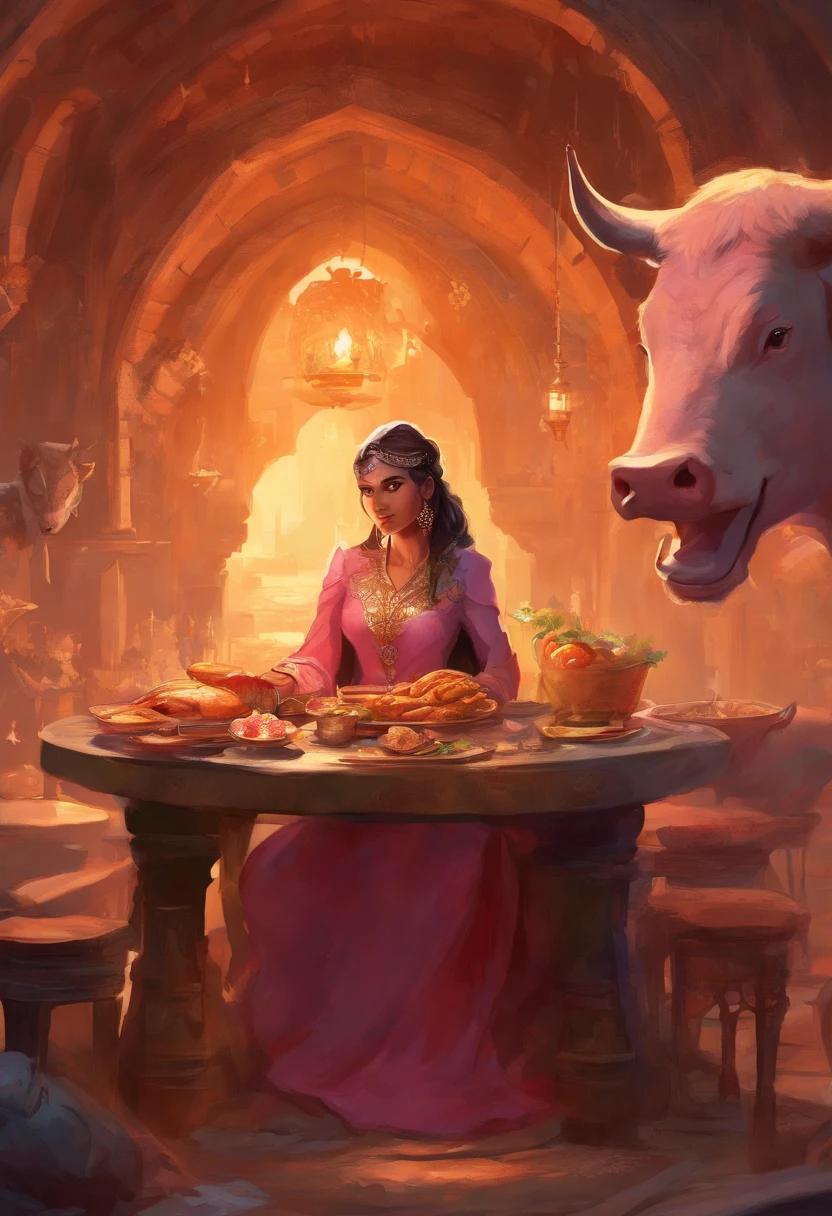 Allāh al-'Ab sitting in food table on the edge of a table full of grilled pig and cow
