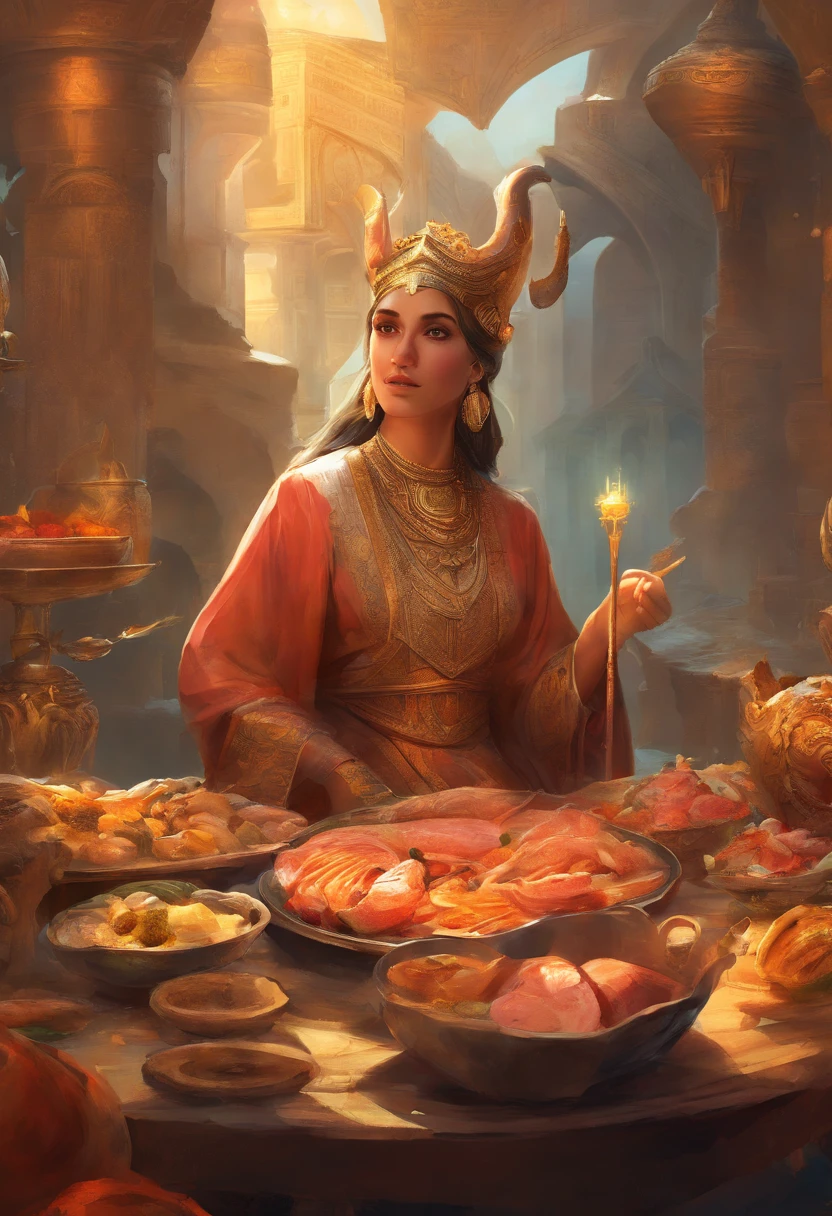 Allāh al-'Ab sitting in food table on the edge of a table full of grilled pig and cow