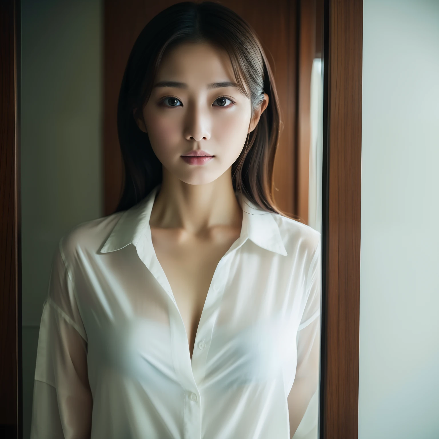 first person view looking into mirror, viewer is beautiful korean female, white buttondown shirt slightly open, large breasts, 8k