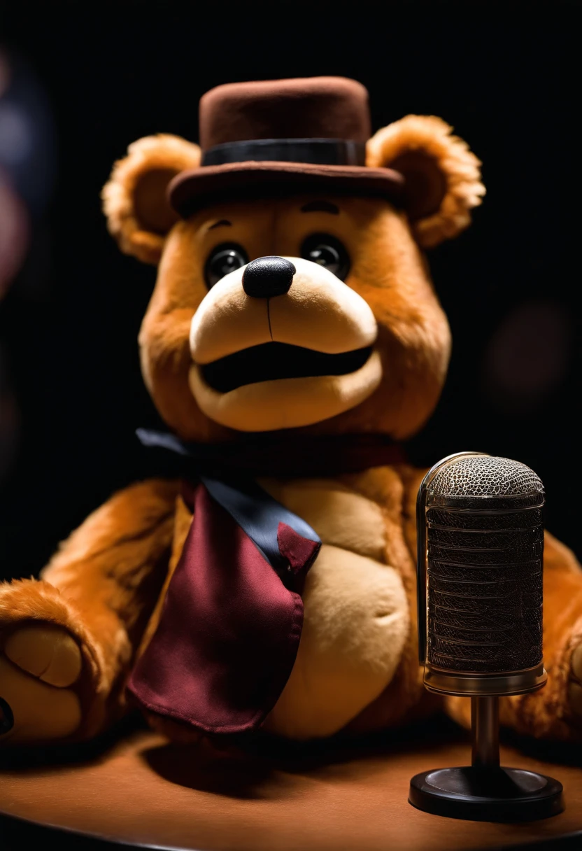 a close up of a toy of a bear with a hat and a microphone, freddy fazbear, portrait of freddy fazbear, commission of freddy fazbear, five nights at freddy's, five nights at freddy’s, five nights at freddys, freddy fazbear's pizzeria, inspired by Alfred Freddy Krupa, animatronic, fnaf