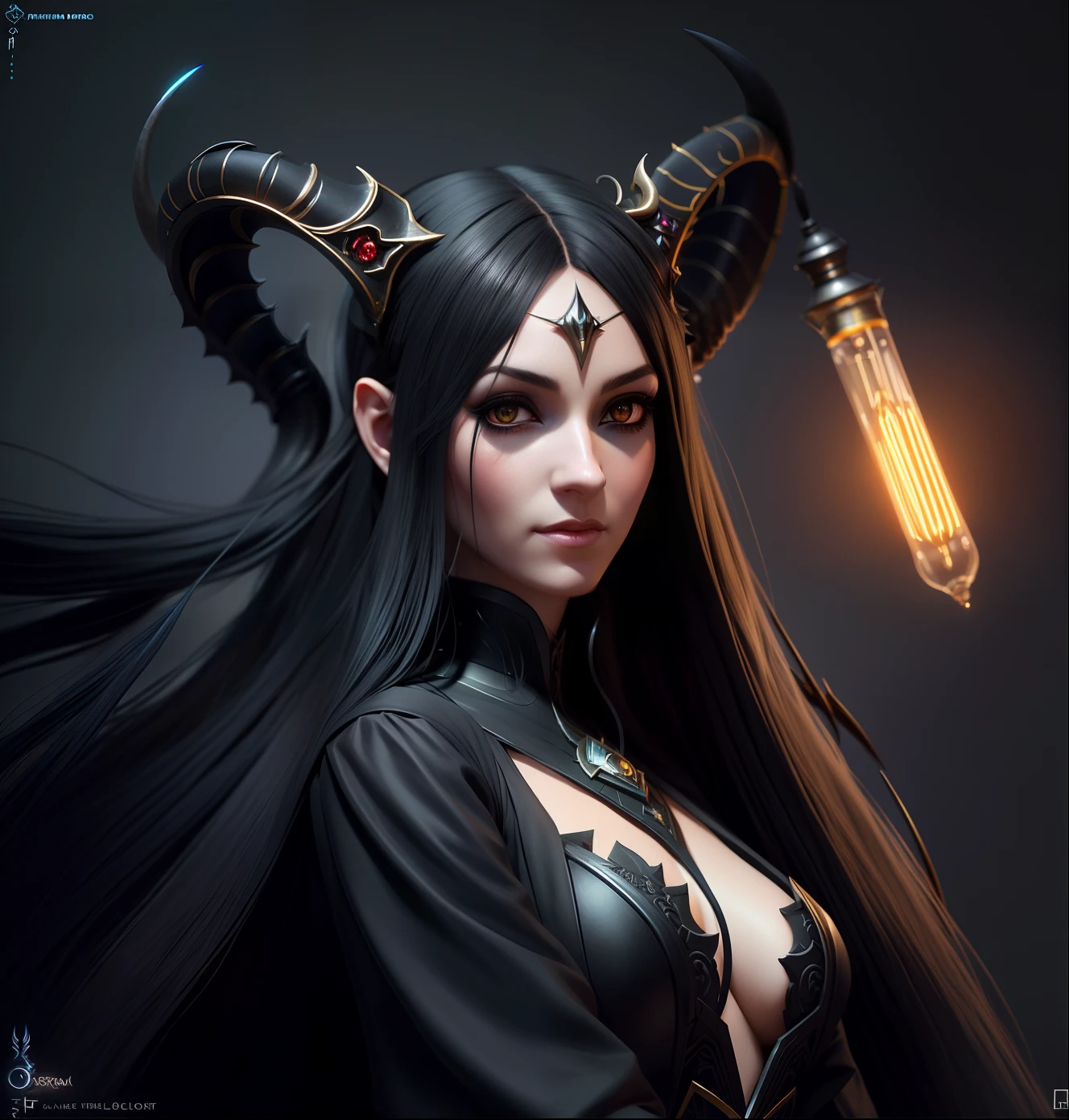 arafed woman with long black hair and horns holding a light bulb, alexandra fomina artstation, portrait of a sorceress, fantasy concept art portrait, artgerm and wlop, deviantart artstation cgscosiety, wlop and artgerm, artgerm ; 3d unreal engine, beautiful elegant demon queen