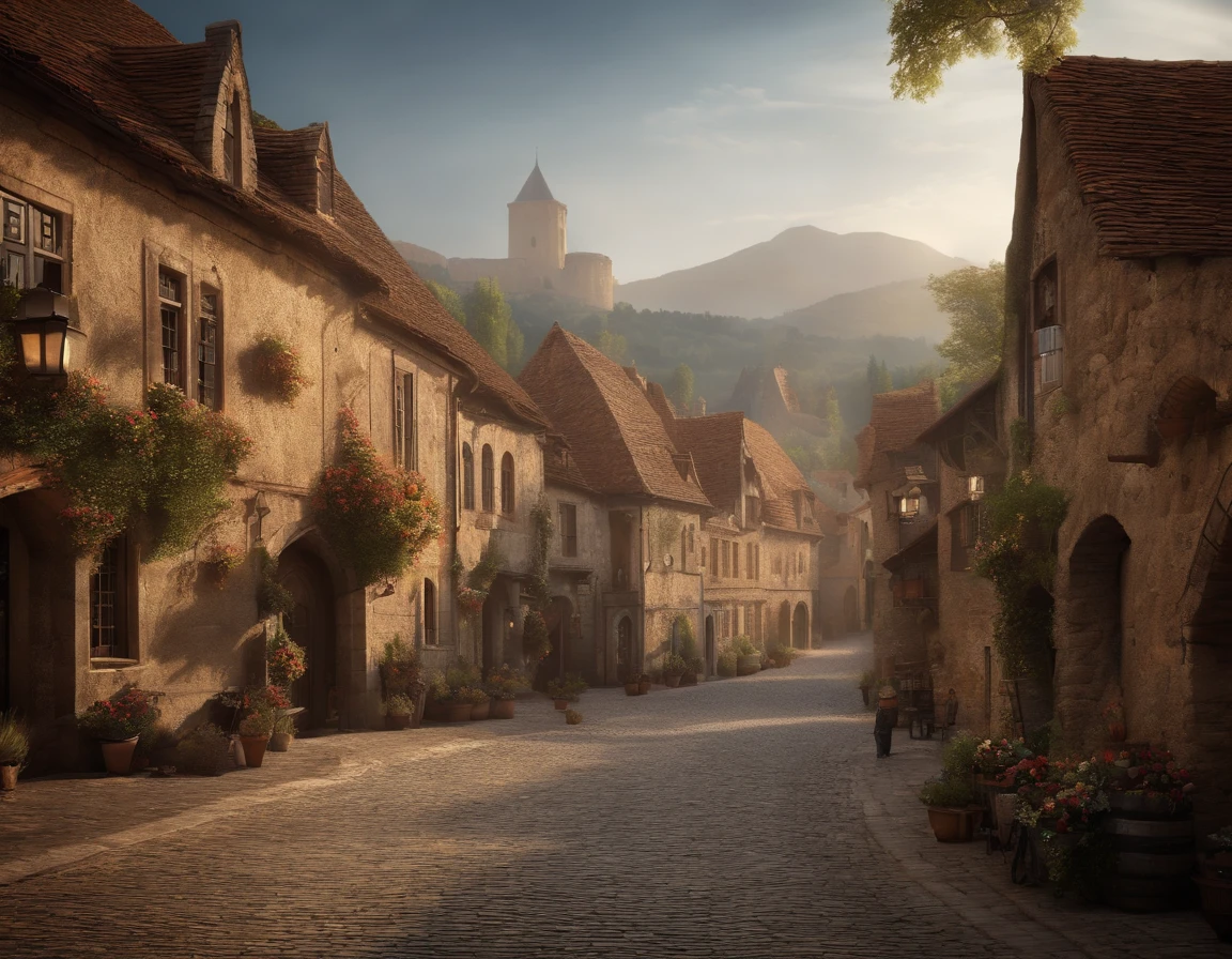(best quality,4k,8k,highres,masterpiece:1.2),ultra-detailed,(realistic,photorealistic,photo-realistic:1.37),medium:oil painting,medieval town,old architecture,cobblestone streets,gabled roofs,narrow alleys,stone walls,historical landmarks,towers,arches,market square,church,cathedral,vibrant colors,soft lighting,morning mist,tavern,market stalls,horse-drawn carriages,bustling activity,people in medieval clothing,merchant,blacksmith,wandering minstrels,children playing,floral decorations,flags and banners,distant mountains,castle on a hill,peaceful atmosphere,historical ambiance,serene beauty,cultural heritage,sense of timelessness,tranquil scene.
